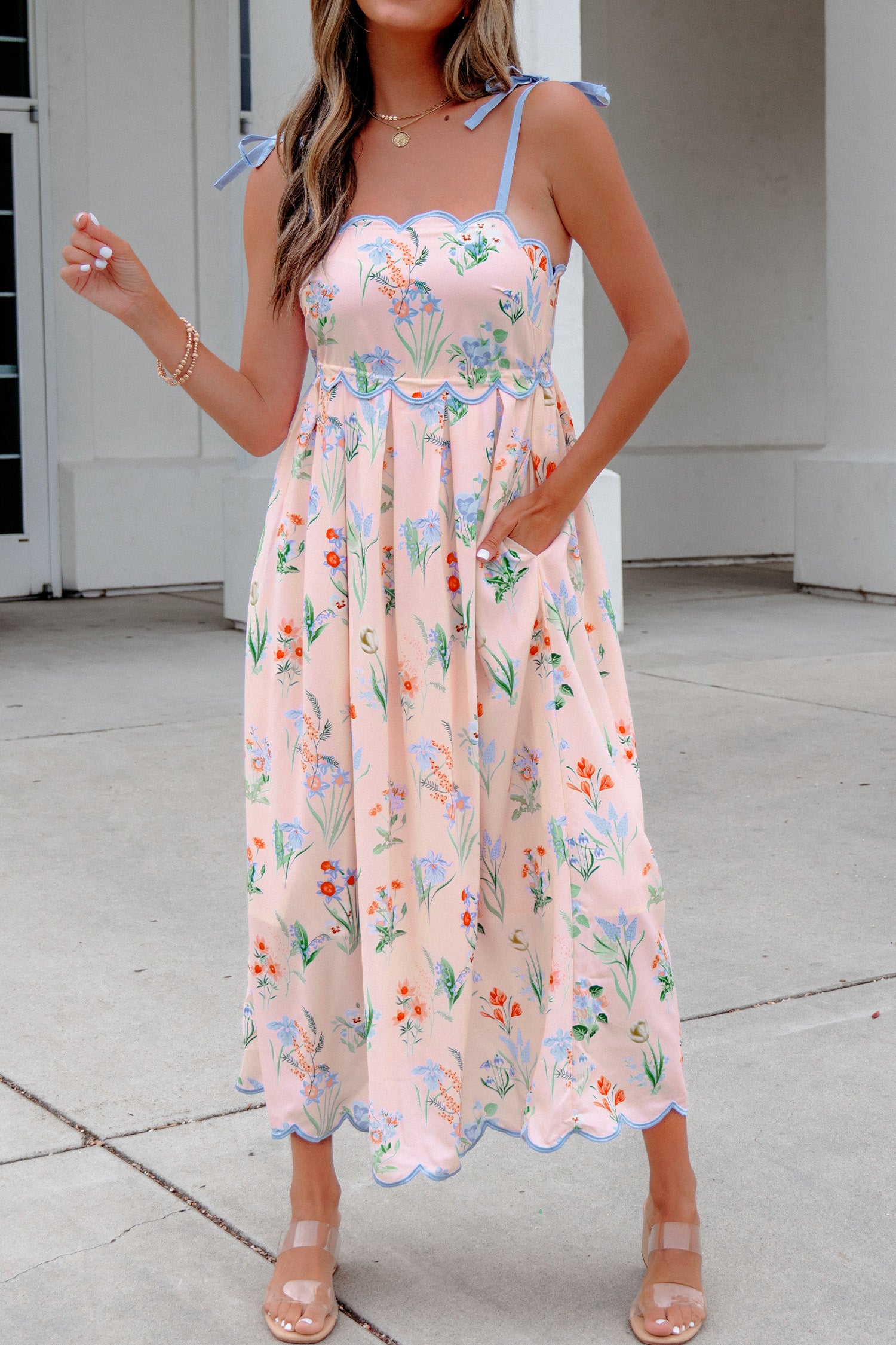 Floral Print Contrast Trim Self-Tie Straps Midi Dress