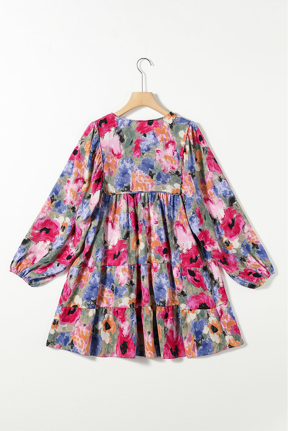 Multicolour Floral Tie Neck Bubble Sleeve Shift Dress eAura