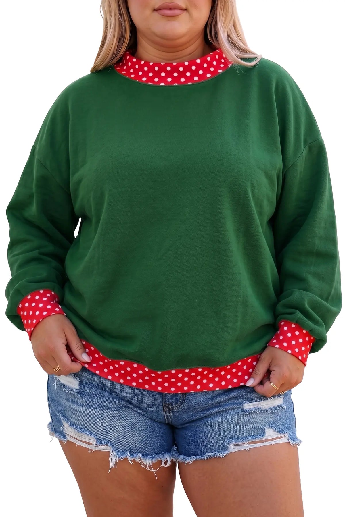 Polka Dot Patchwork Round Neck Plus Size Sweatshirt – Racing Red
