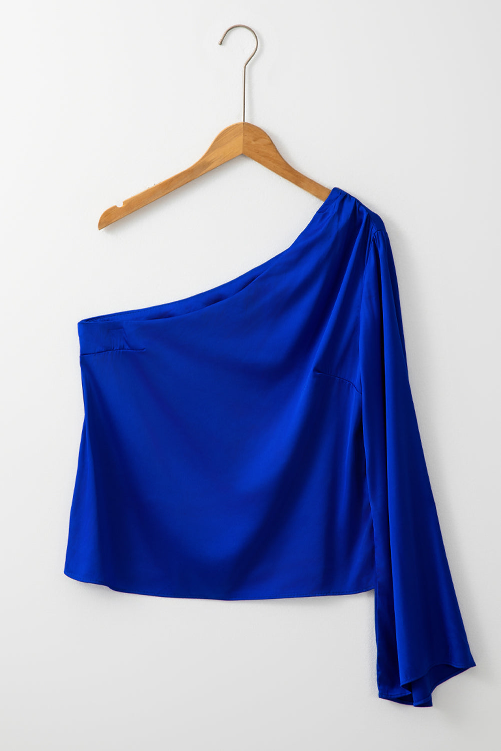 Dark Blue Asymmetric One Shoulder Bell Sleeve Satin Blouse - eAura