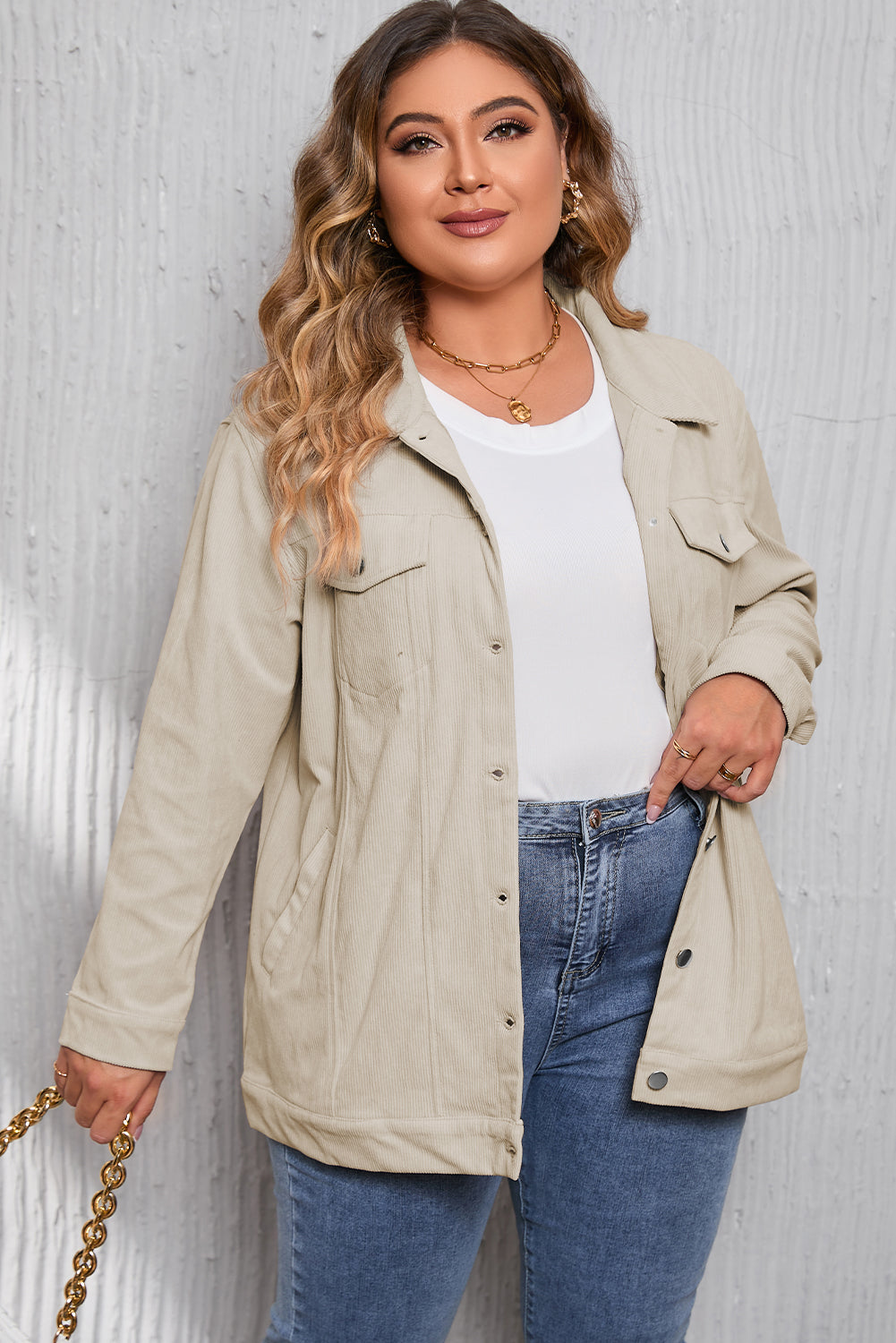 Khaki Plus Size Crochet Pattern Back Corduroy Jacket BB Fashion Outlet
