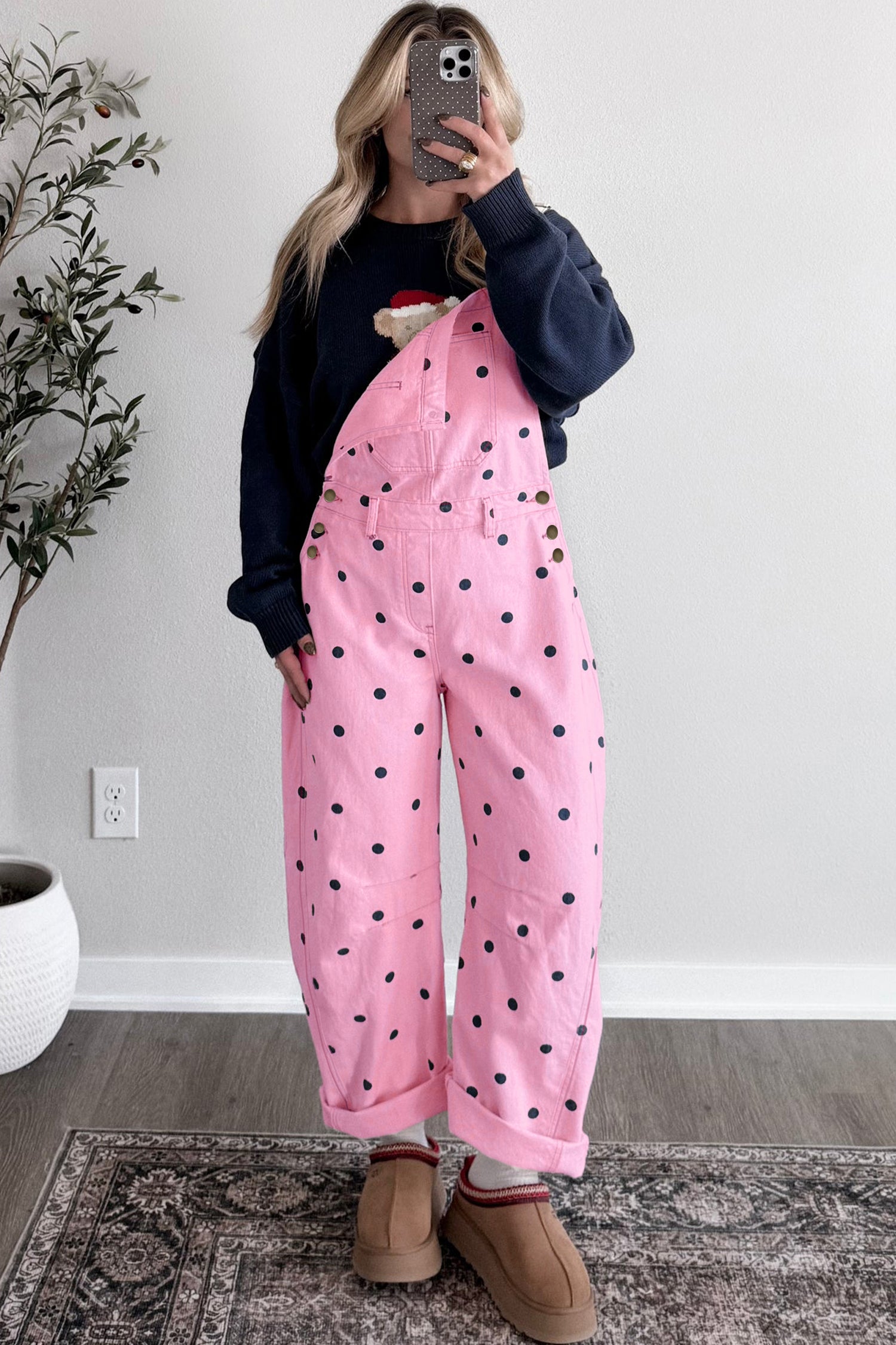 Polka Dot Print Bib Pocket Denim Barrel Overalls