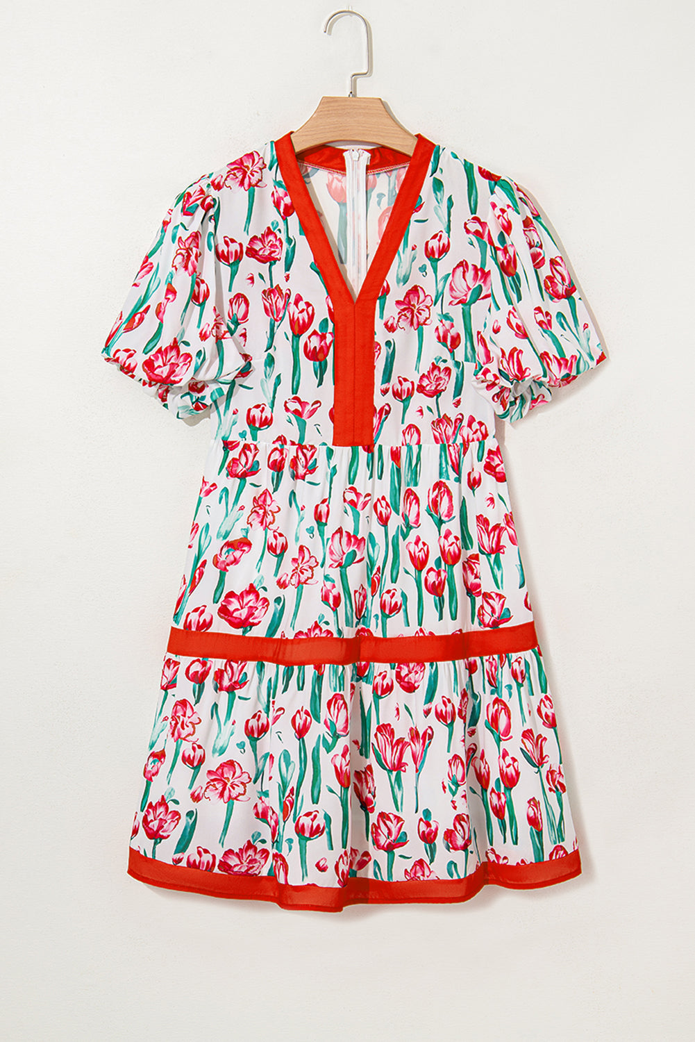 Pink Floral Print Contrast Trim V Neck Bubble Short Sleeve Babydoll Dress eAura