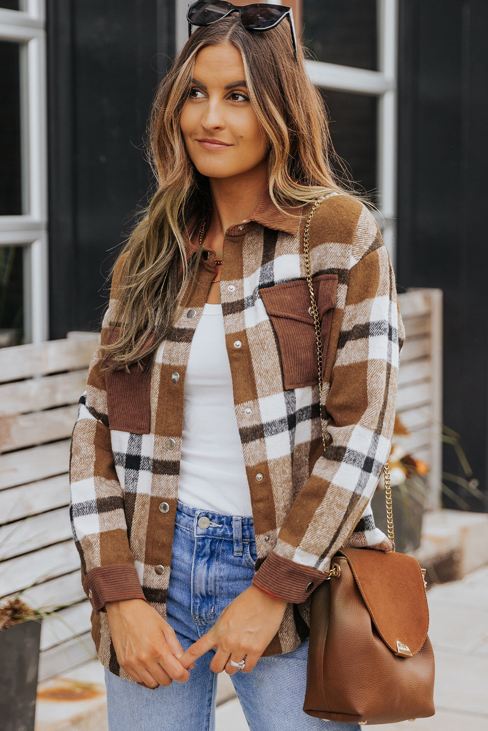 Brown Pocketed Buttoned Plaid Shirt Jacket Beagle Boutique Fashion Outlet