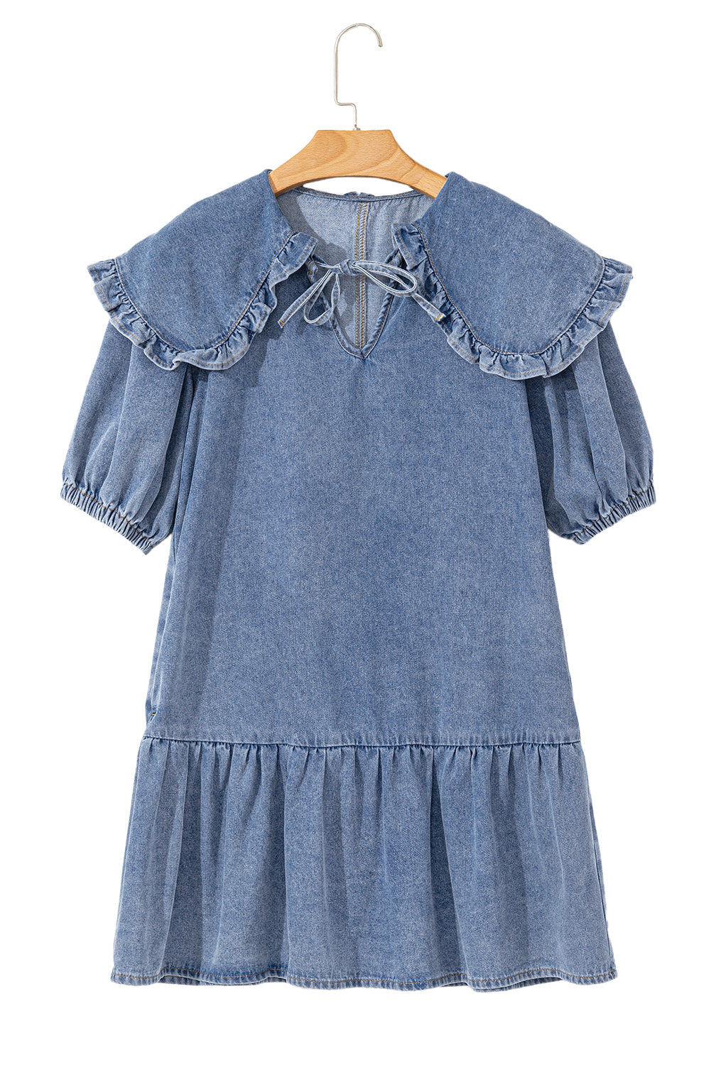 Dusk Blue Ruffled Collared Side Pockets Puff Sleeve Denim Mini Dress eAura