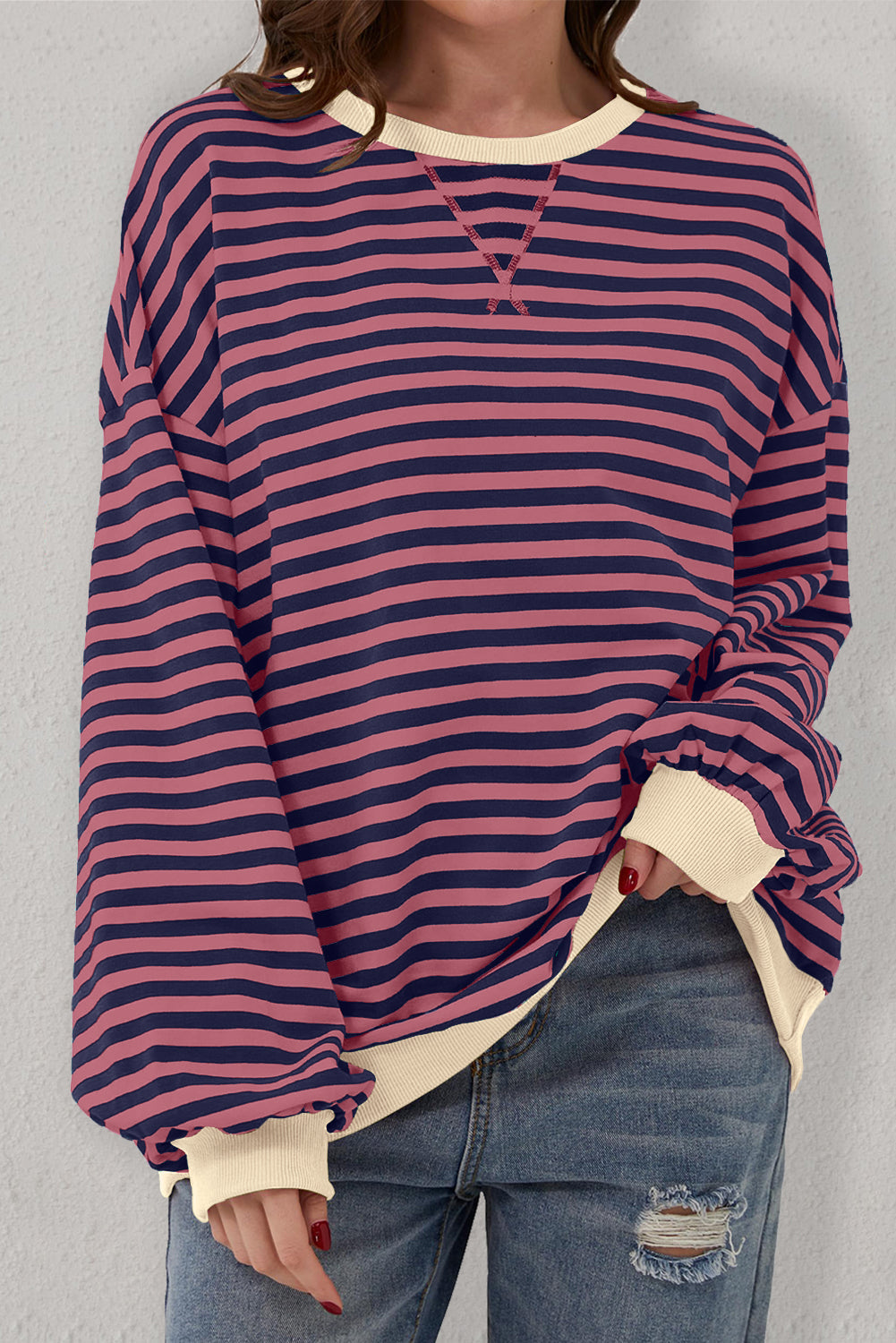 Sky Blue Stripe Oversized Contrast Trim Pullover Sweatshirt BB Fashion Outlet