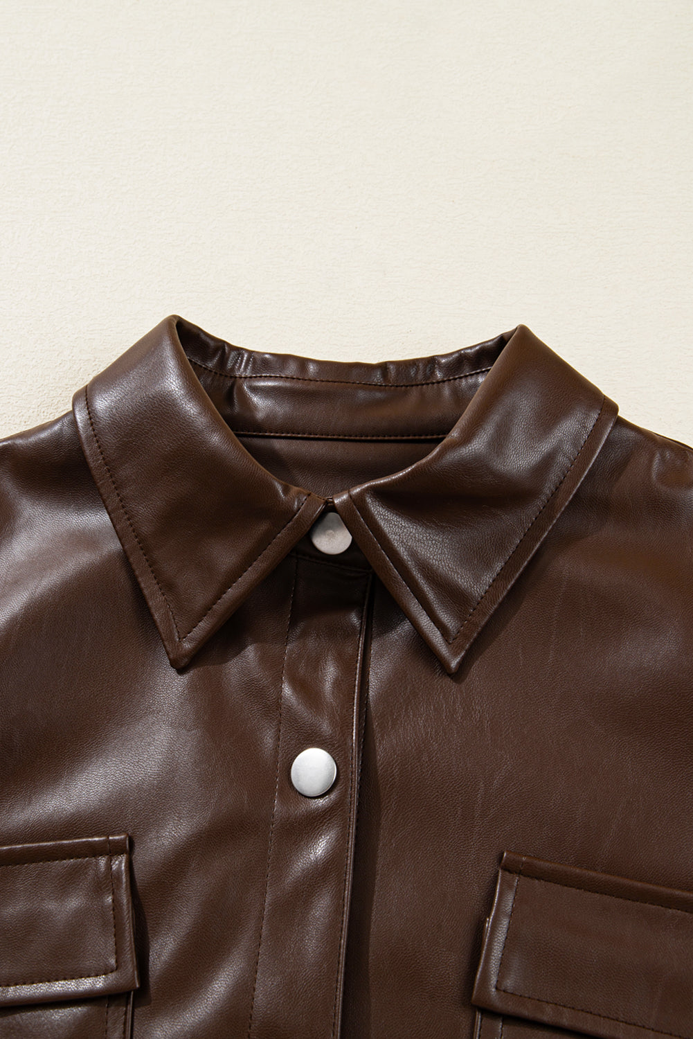 Brown Double Flap Pocket Drawstring Hem Leather Jacket eAura