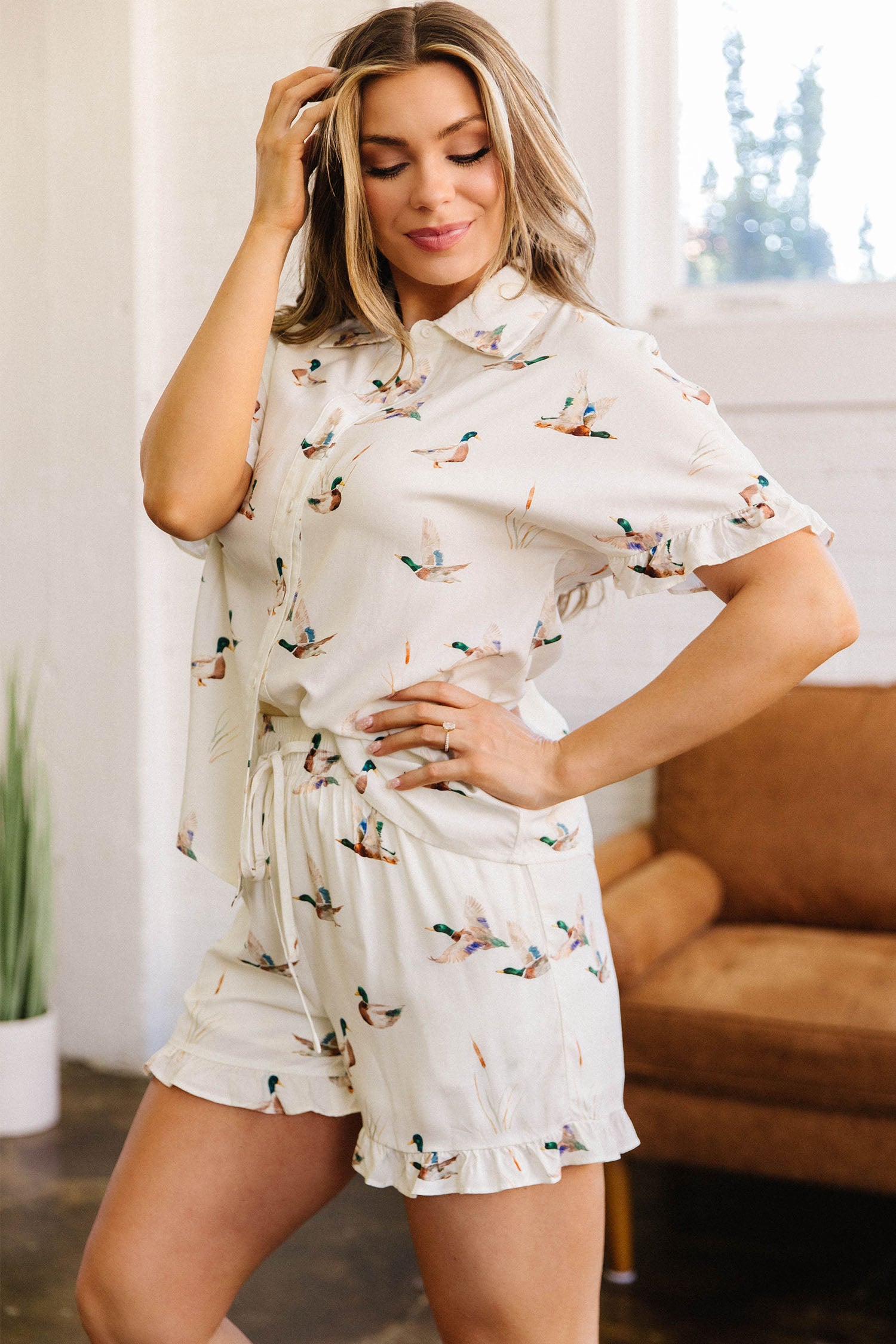 Beige Mallard Print Shirt & Shorts Two Piece Set