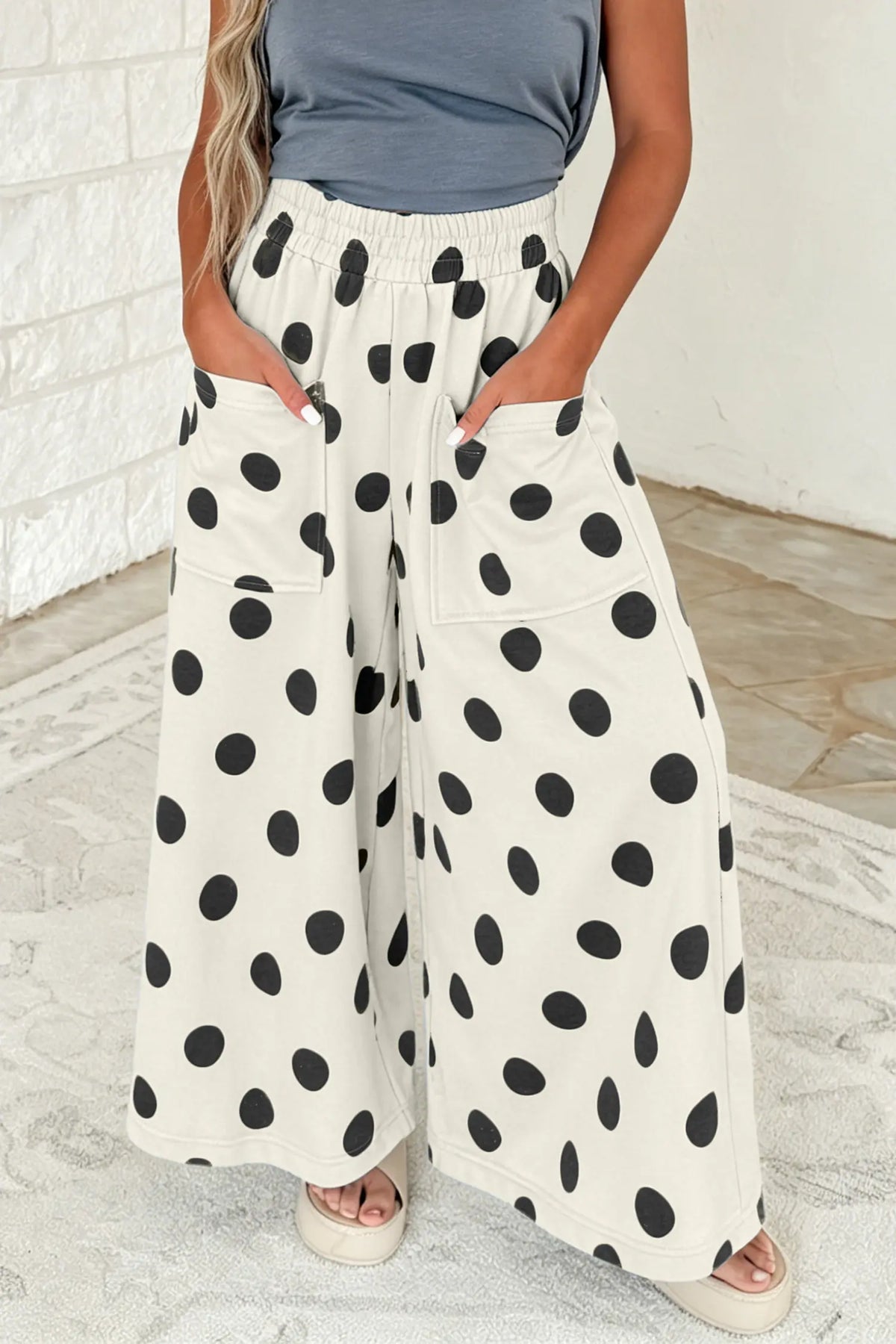 Sky Blue Polka Dot Wide Leg Elastic Waist Casual Pants – Light Blue