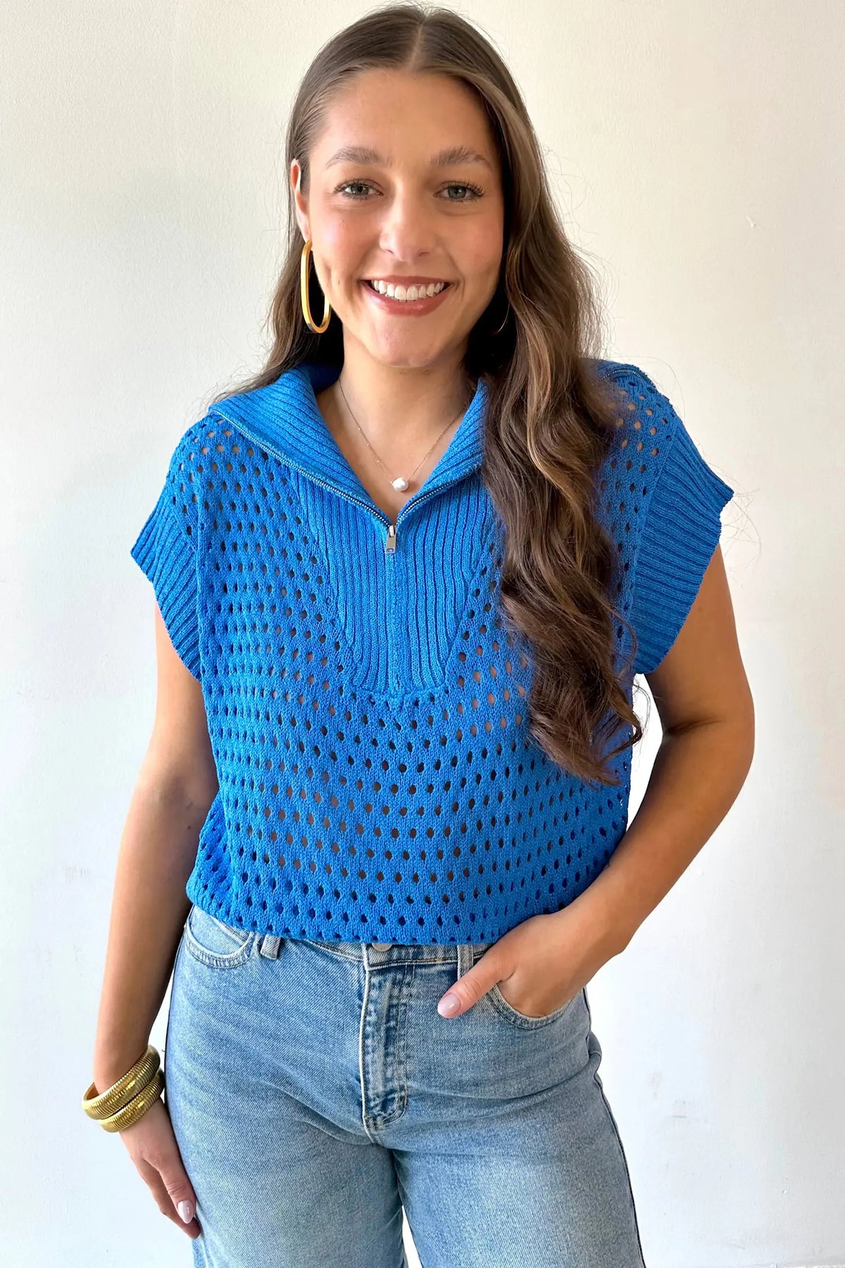 Sky Blue Solid Colour Hollowed Knit Short Sleeve Zipper Collar Knitwear Top – Light Blue