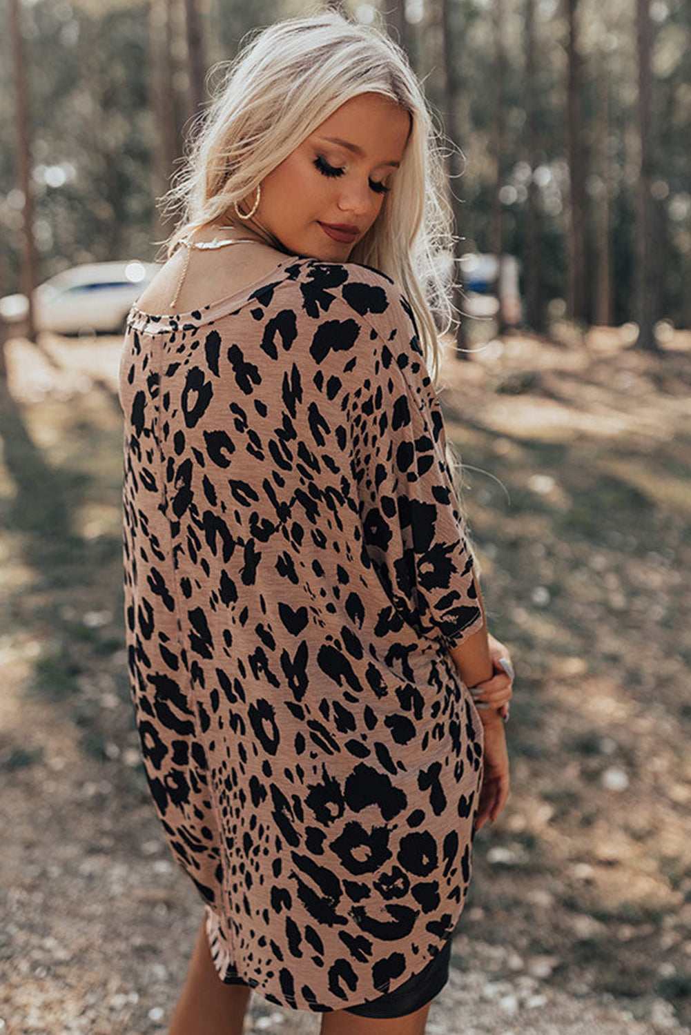 Brown Leopard Print V Neck Half Sleeve Oversized Tee eAura