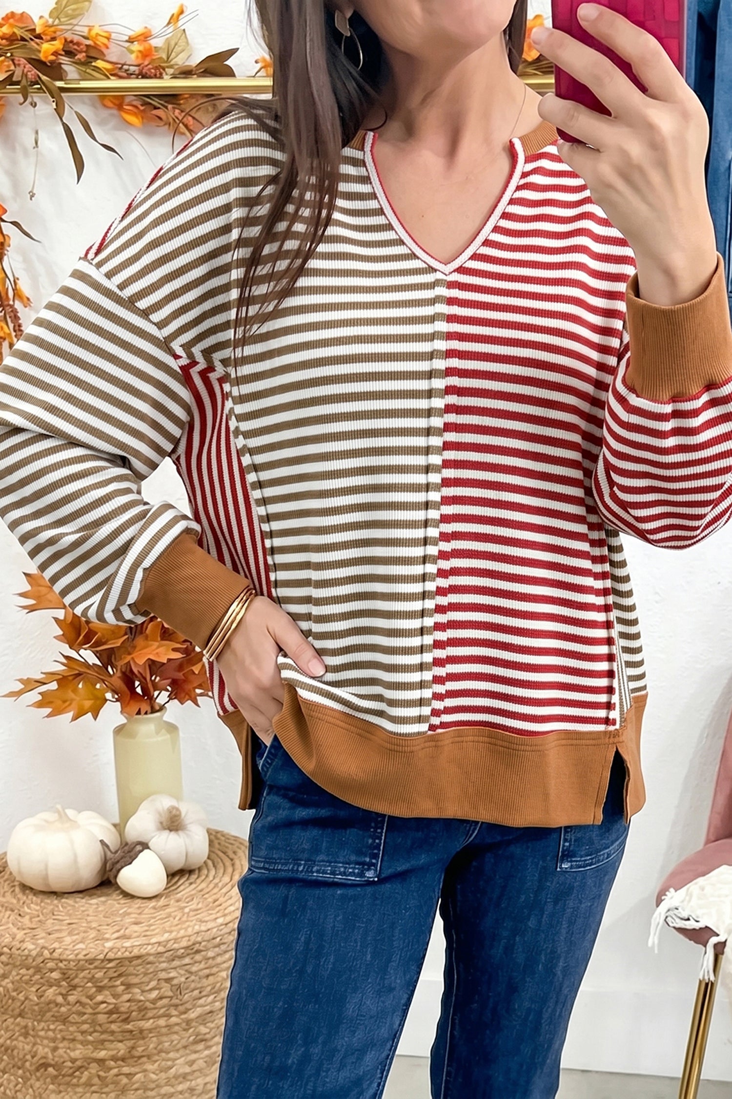 Red Striped Colorblock V Neck Long Sleeve Top – Red Stripe