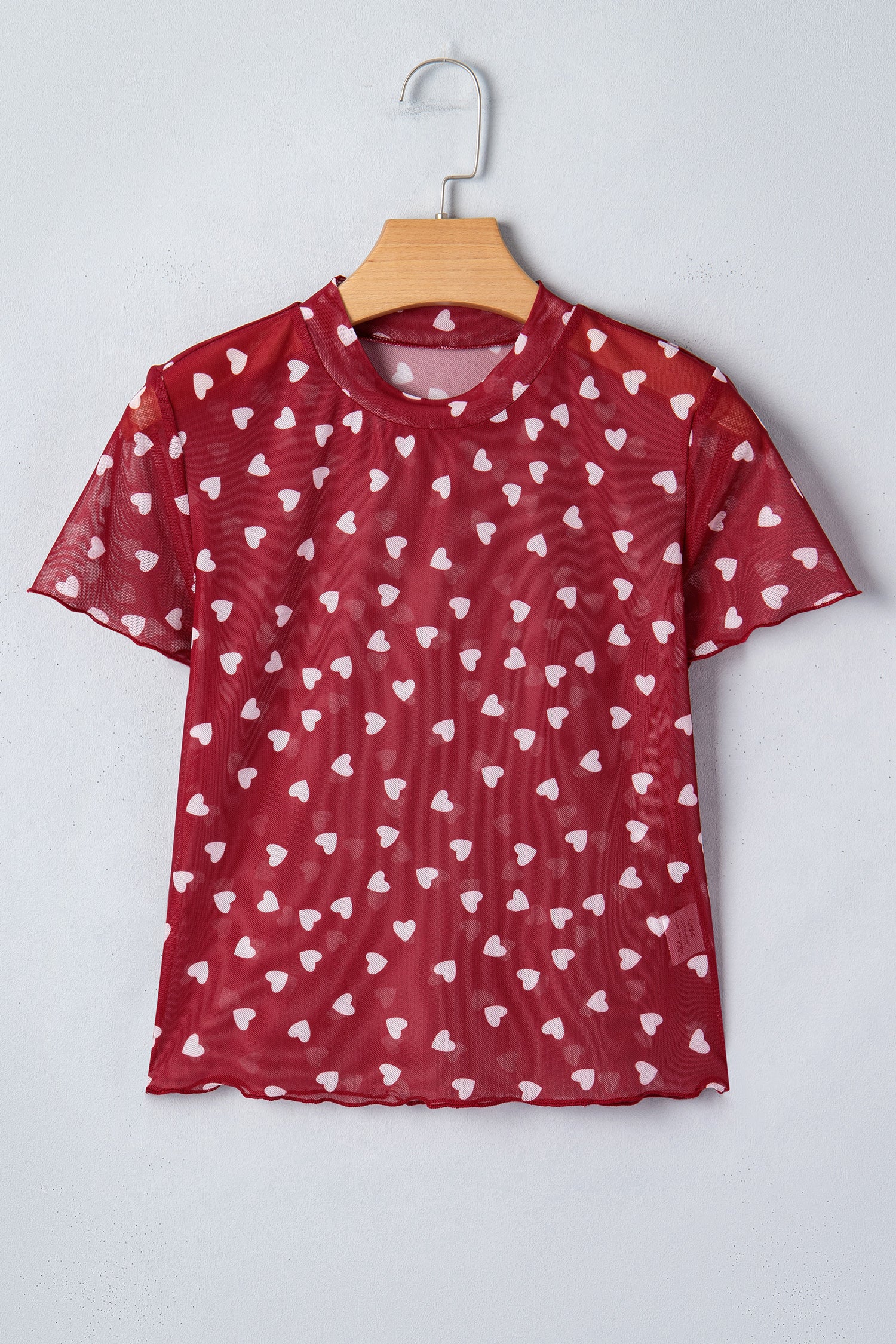 Allover Heart Print Mesh Short Sleeve Top