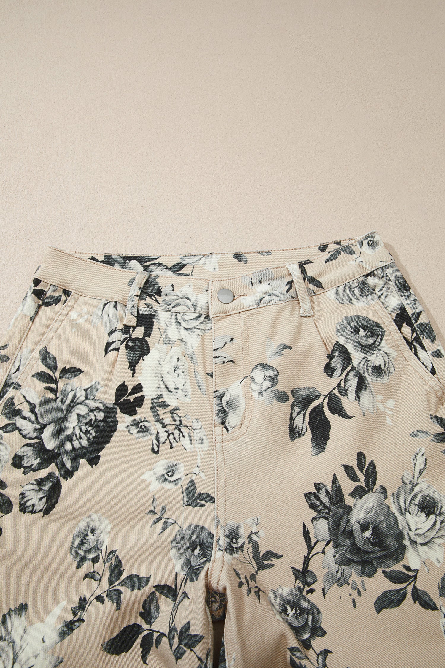 Beige Retro Floral Print Cuffed Hem Wide Leg Jeans