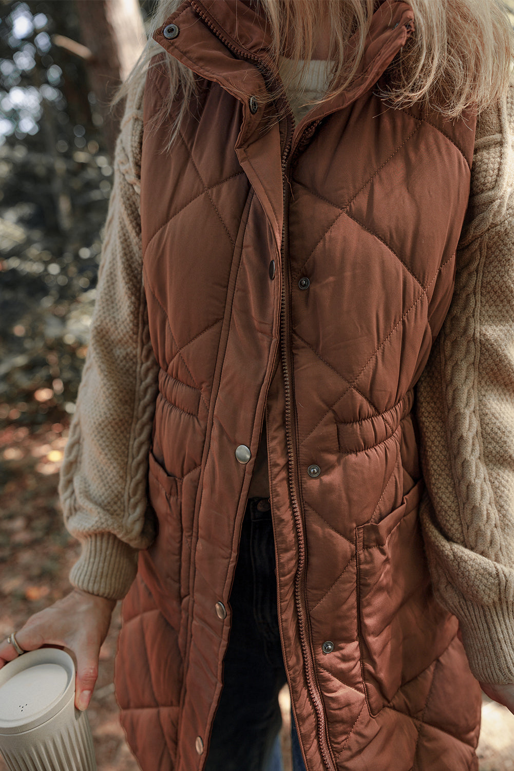Coffee Longline Quilted Stand Collar Puffer Vest BB Fashion Outlet