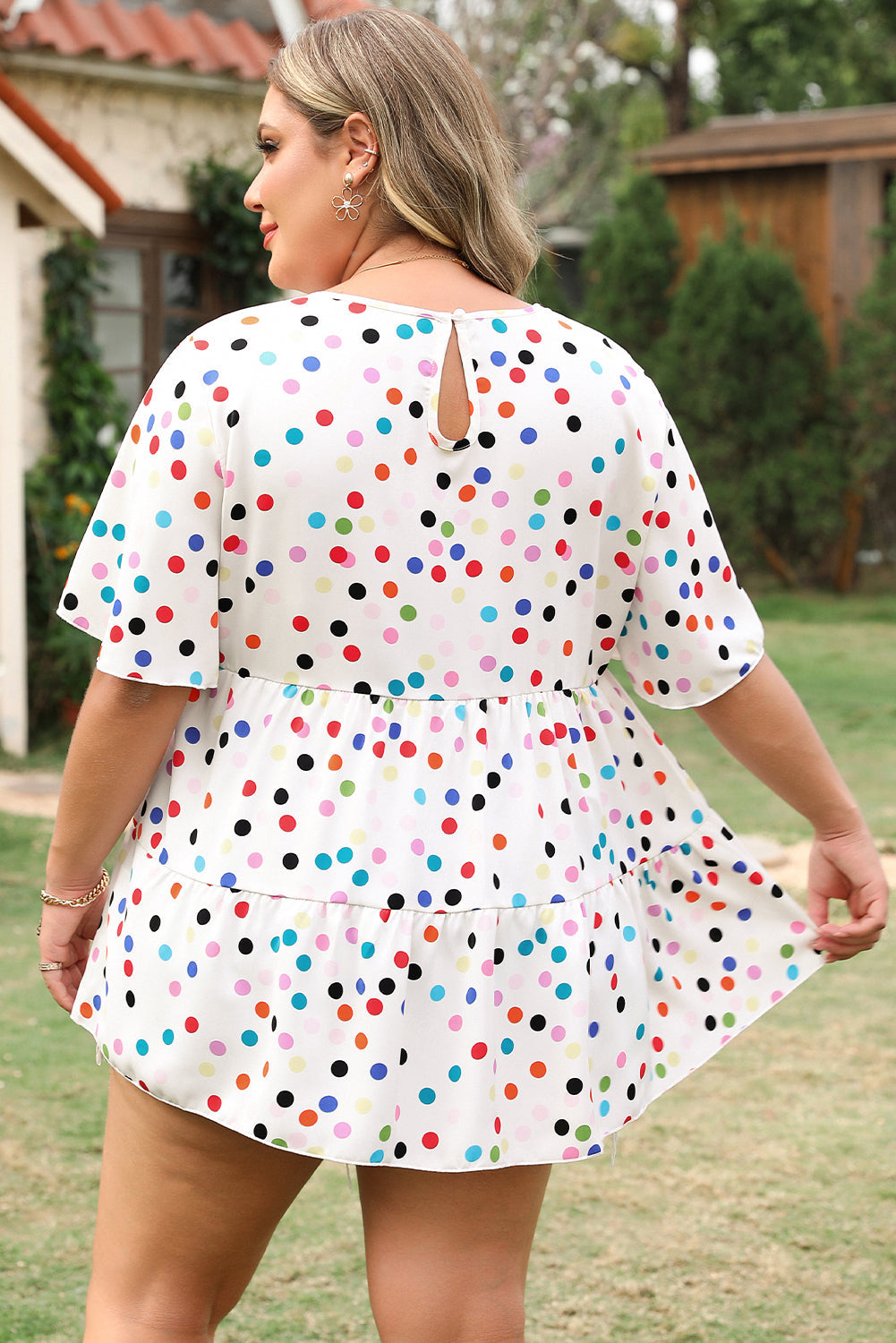 Beige Colourful Polka Dot Print Short Sleeve Ruffled Plus Size Babydoll Blouse BB Fashion Outlet