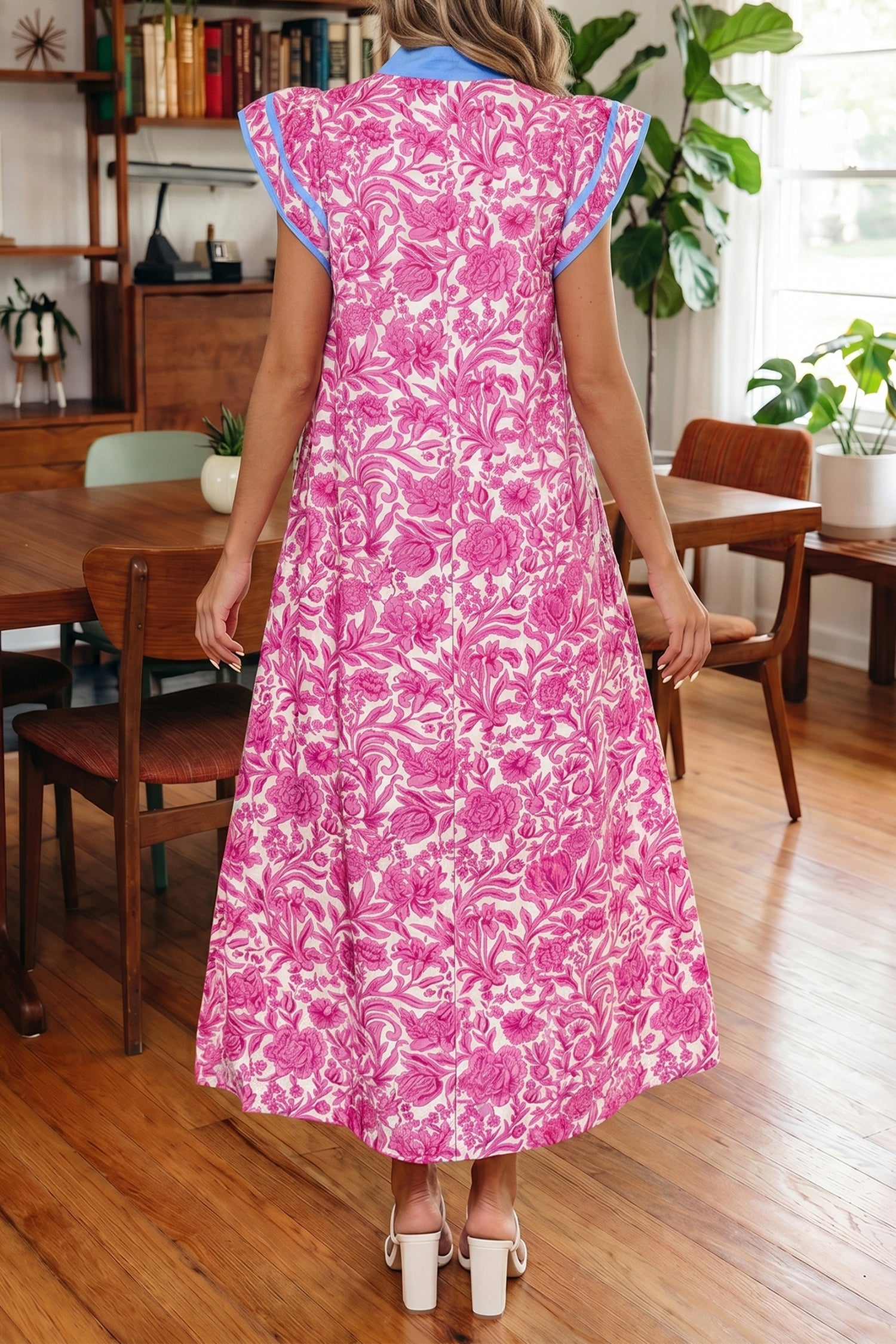 Floral Print Colour Block Patchwork V-Neck Short Sleeve Midi Dress