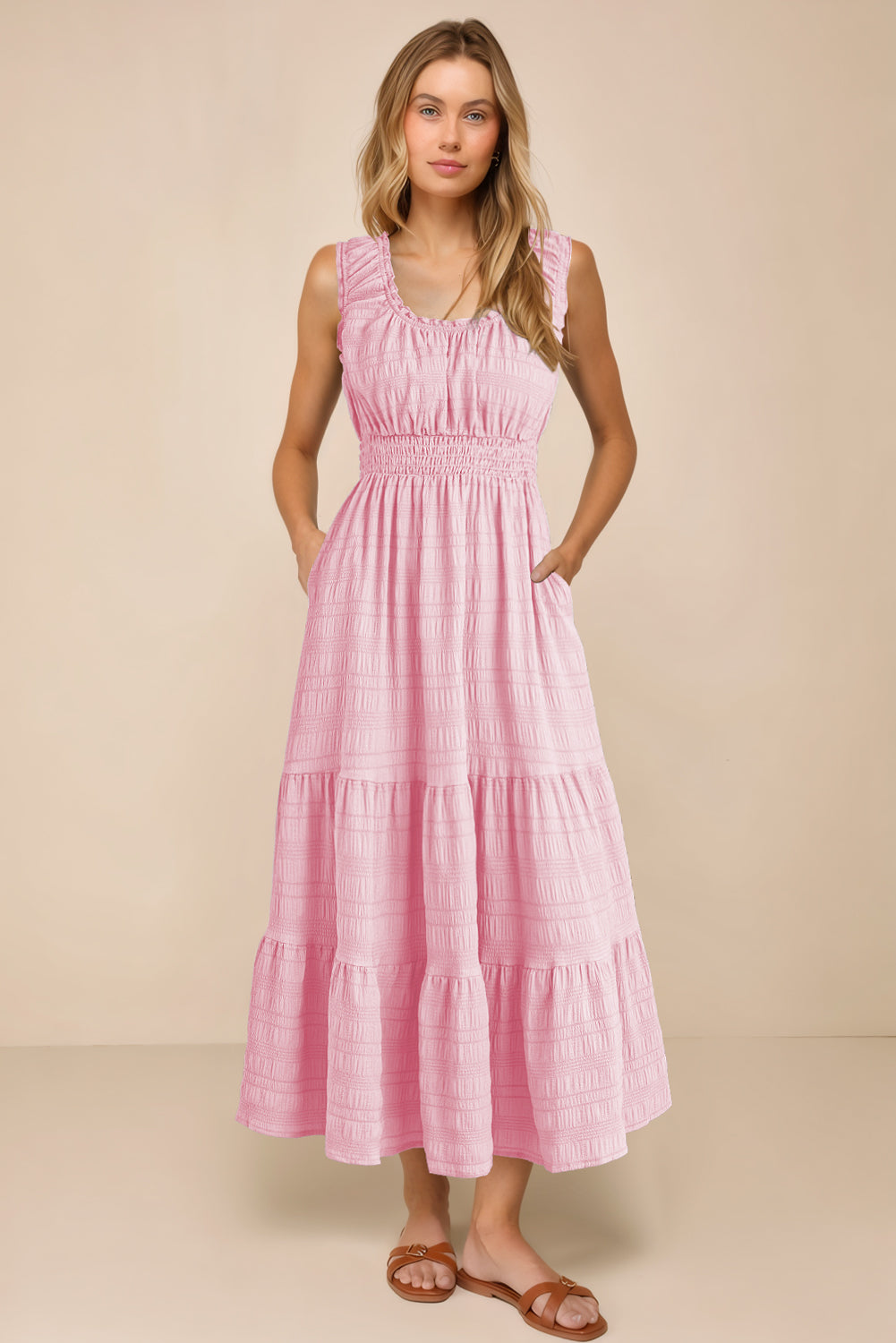 Shirred Pleated Square Neck Sleeveless Midi Dress
