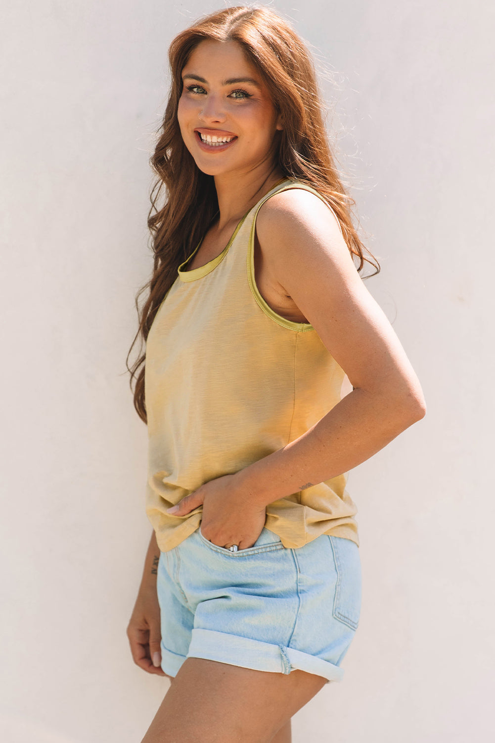 Tan Metallic Sheen Edge Scoop Neck Tank Top eAura