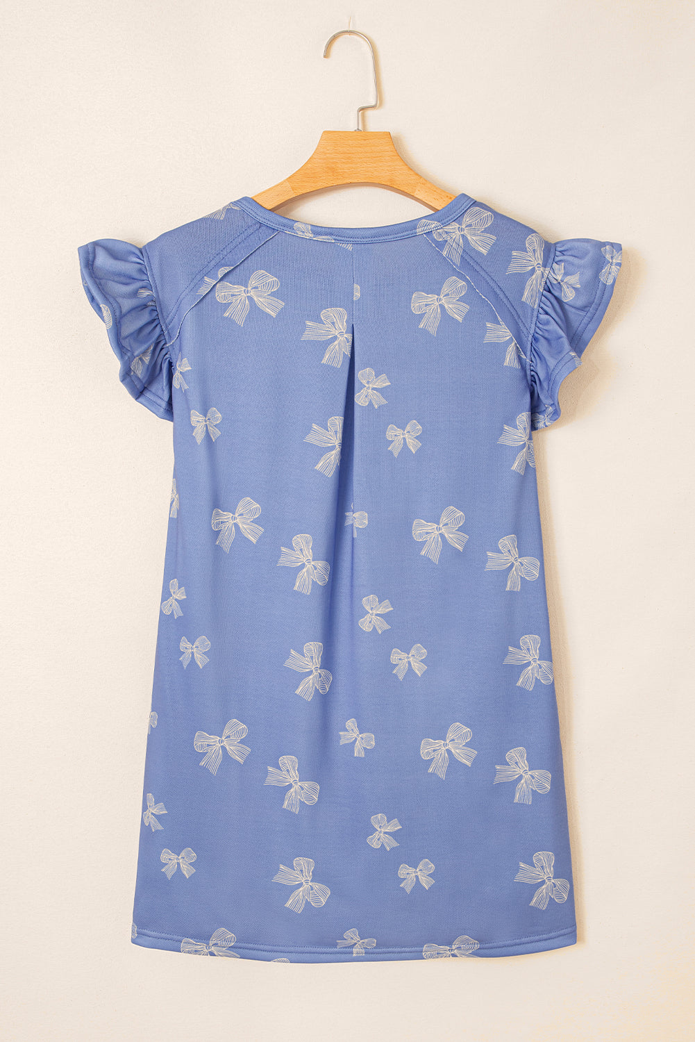 Sky Blue Bow Knot Print Crewneck Ruffled Sleeve Shift Mini Dress eAura
