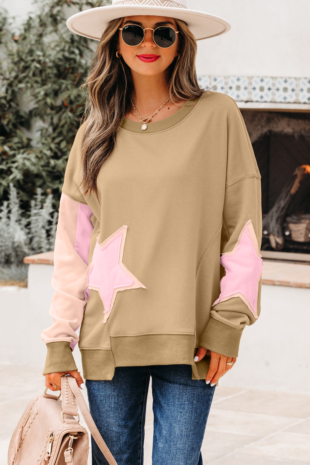 Contrast Star Patchwork Exposed Seam Uneven Hem Drop Shoulder Sweatshirt - eAura