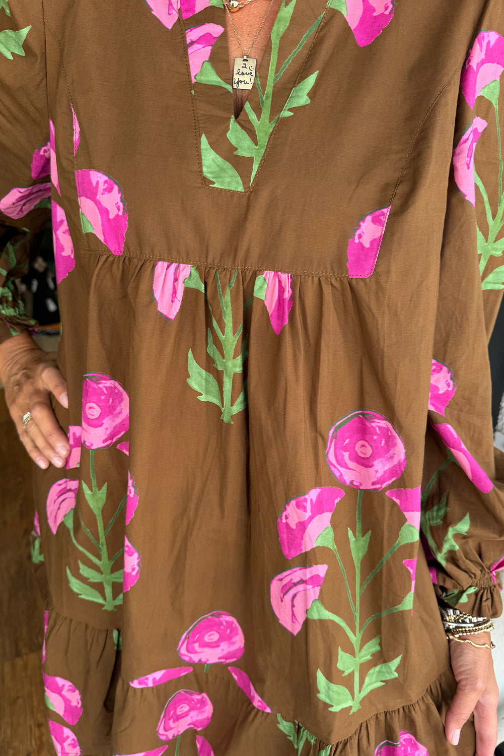 Brown Contrast Floral Print Babydoll Tunic Ruffled Hem Puff Sleeve Dress - eAura