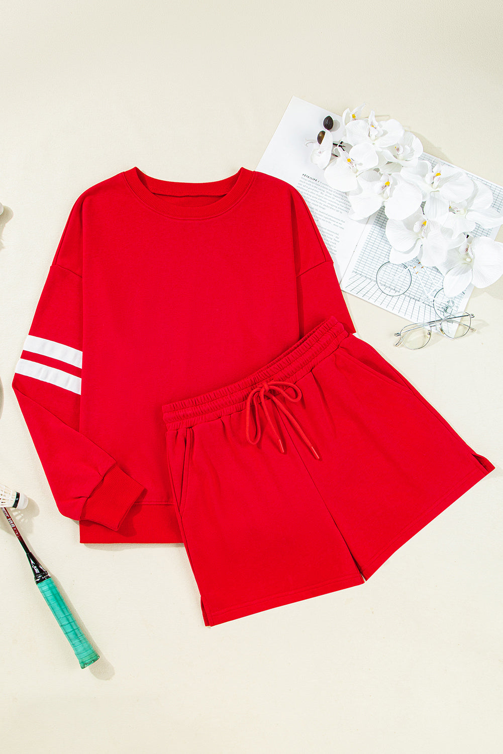 Varsity Striped Sleeve Drop Shoulder Sweatshirt and Shorts Co-ord Set eAura