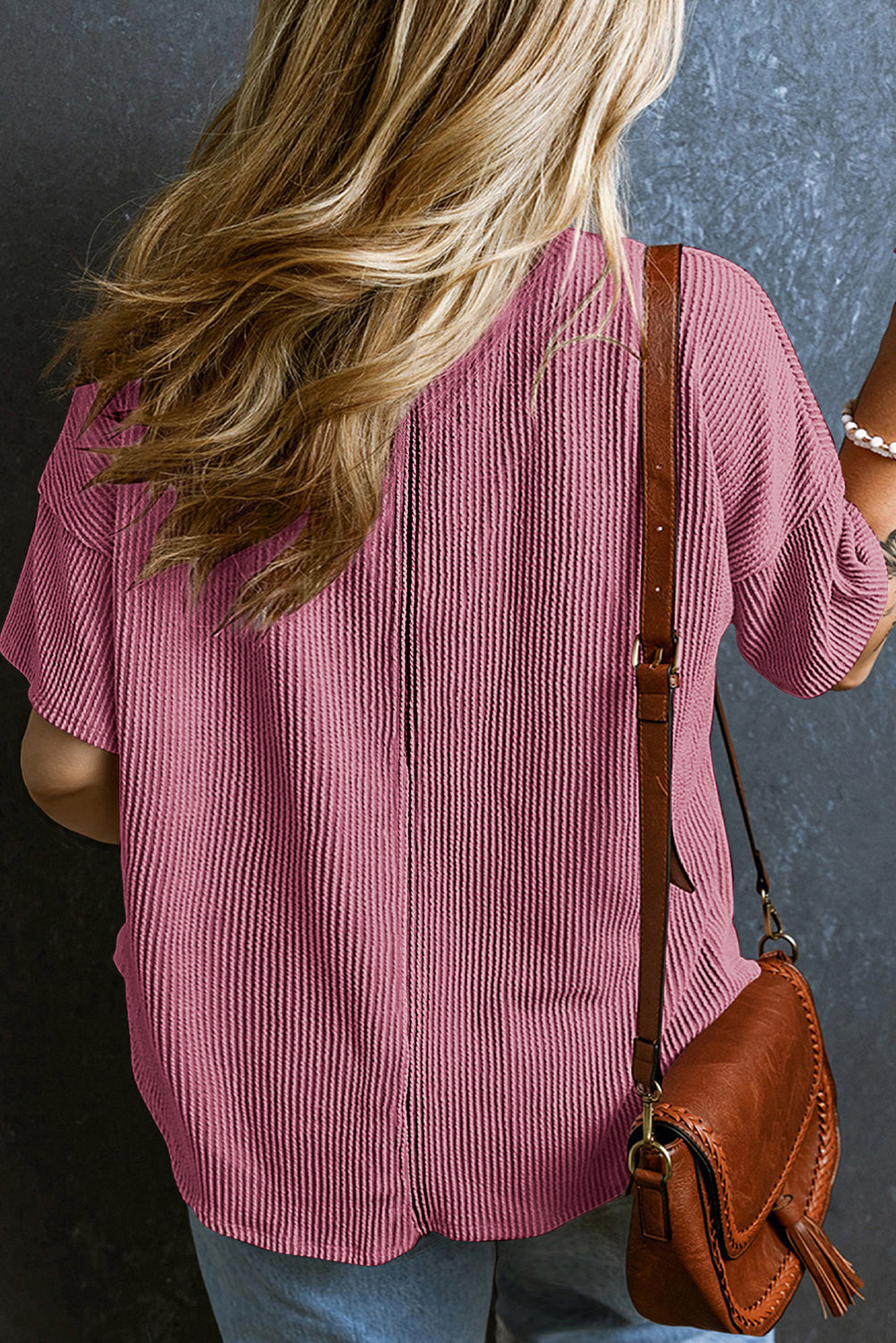 Rose Pink Textured V-Neck Dropped Shoulder Plus T-Shirt BB Fashion Outlet
