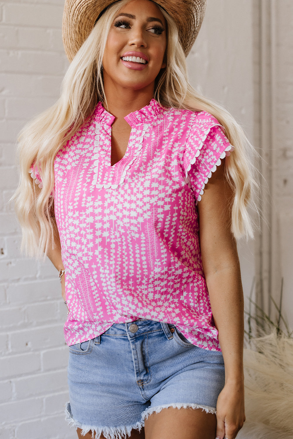 Pink Abstract Print Ric Rac Trim Flutter Sleeve Notch V Neck Blouse eAura