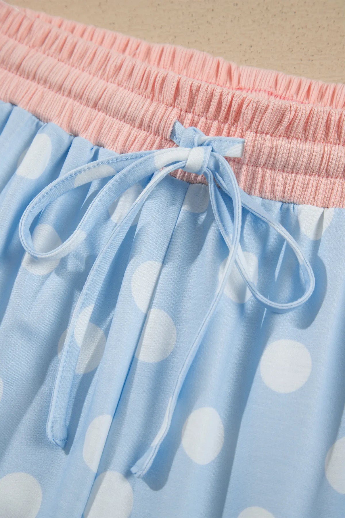 Polka Dot Contrast Trim Long Sleeve Top Drawstring Shift Pants Set – Pink