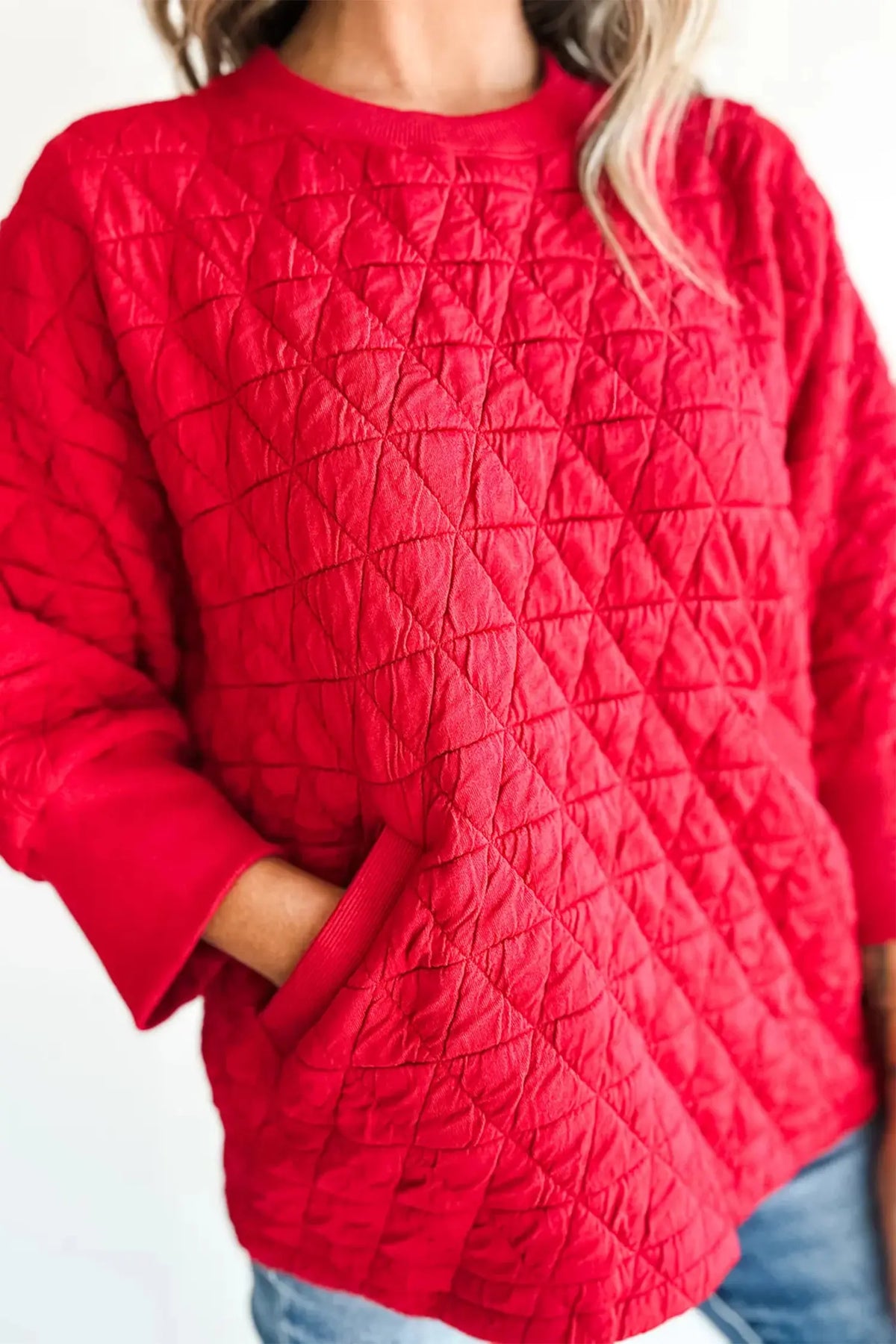 Fiery Red Quilted Diamond Pattern 3/4 Sleeve Pocketed Casual Top