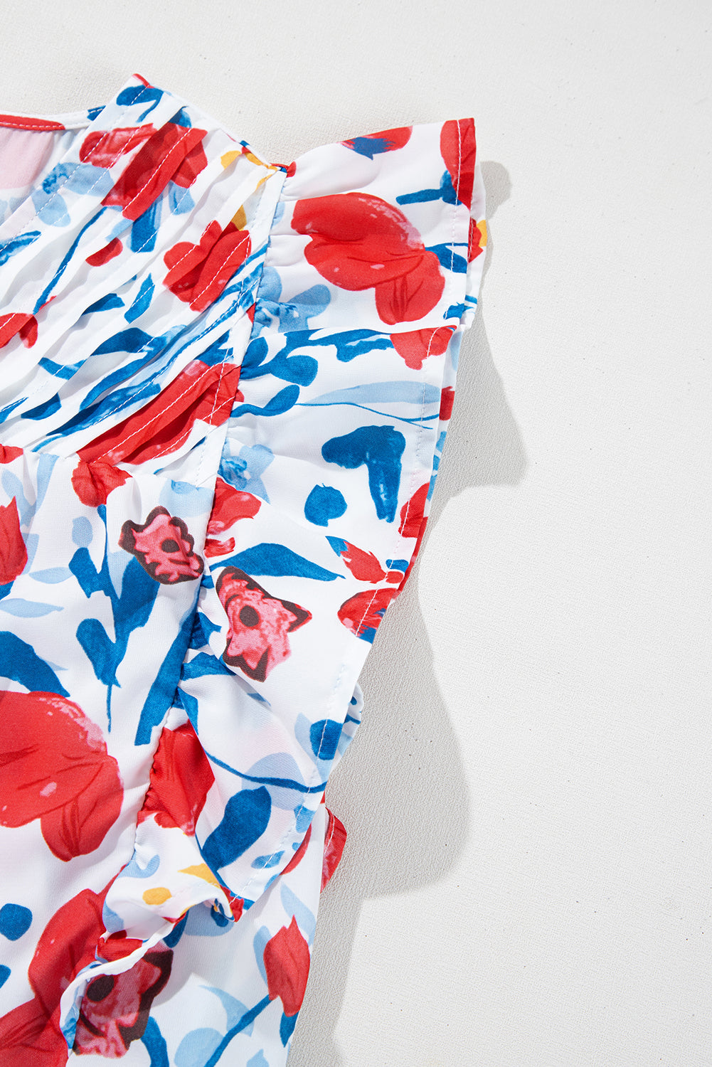 Red Flowers Pintuck Detail V-Neck Ruffled Sleeve Top eAura