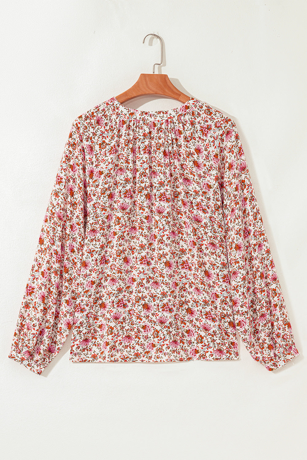 Red Floral Print Pleated Detail Notched Neck Puff Sleeve Blouse - eAura