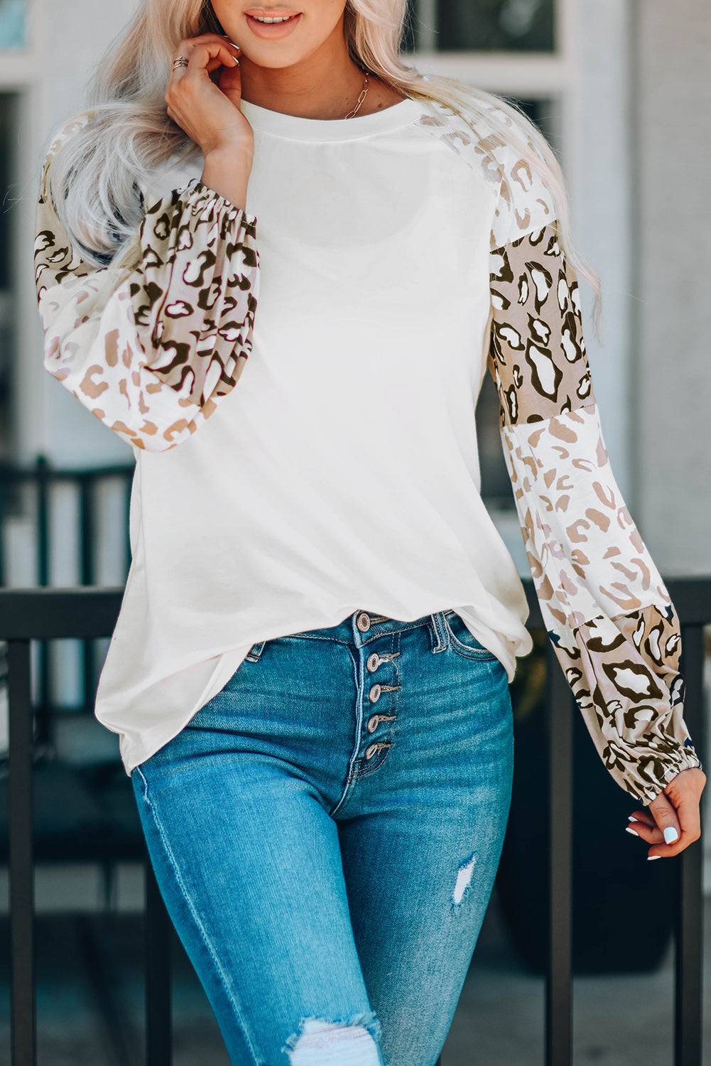 Beige Leopard Print Bubble Sleeve Top BB Fashion Outlet