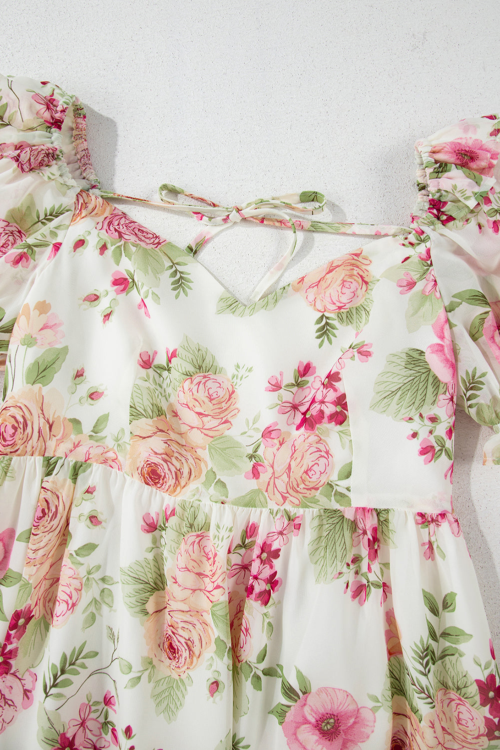White Vibrant Floral Bubble Sleeve Sweetheart Neck Ruffle Mini Dress eAura