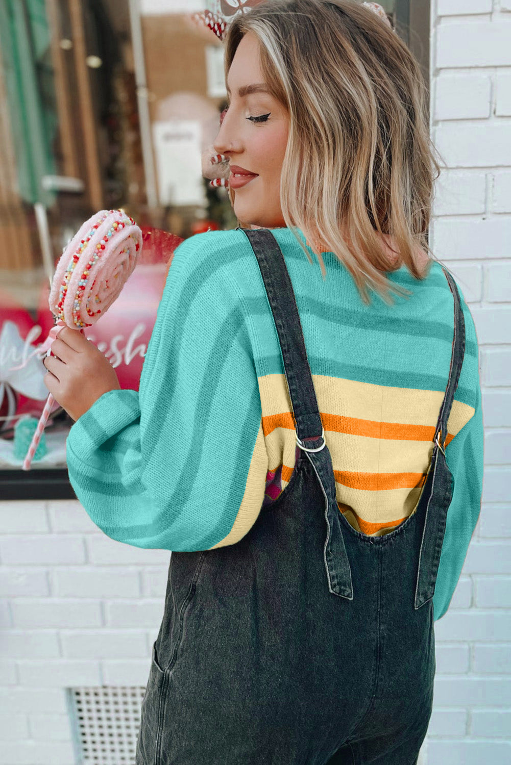 Yellow Stripe Gradient Striped Ribbed Edge Loose Sweater eAura