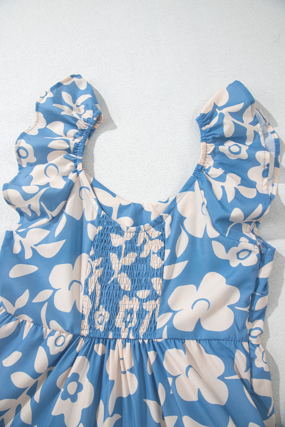 Sky Blue Floral U Neck Flutter Shoulder Tiered Flowy Midi Dress eAura