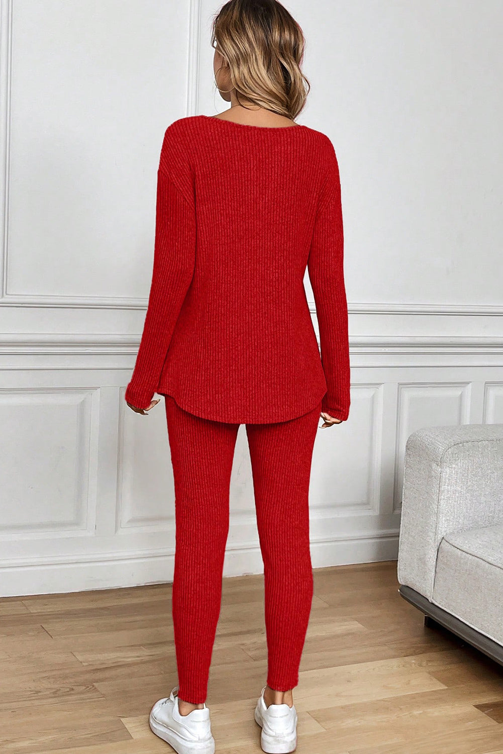 Ribbed Notched Neck Knit Long Sleeve Leggings Two Pieces Lounge Set – Racing Red