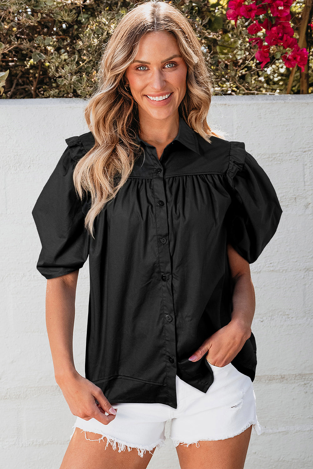 Black Crisp Puff Sleeve Loose Shirt eAura
