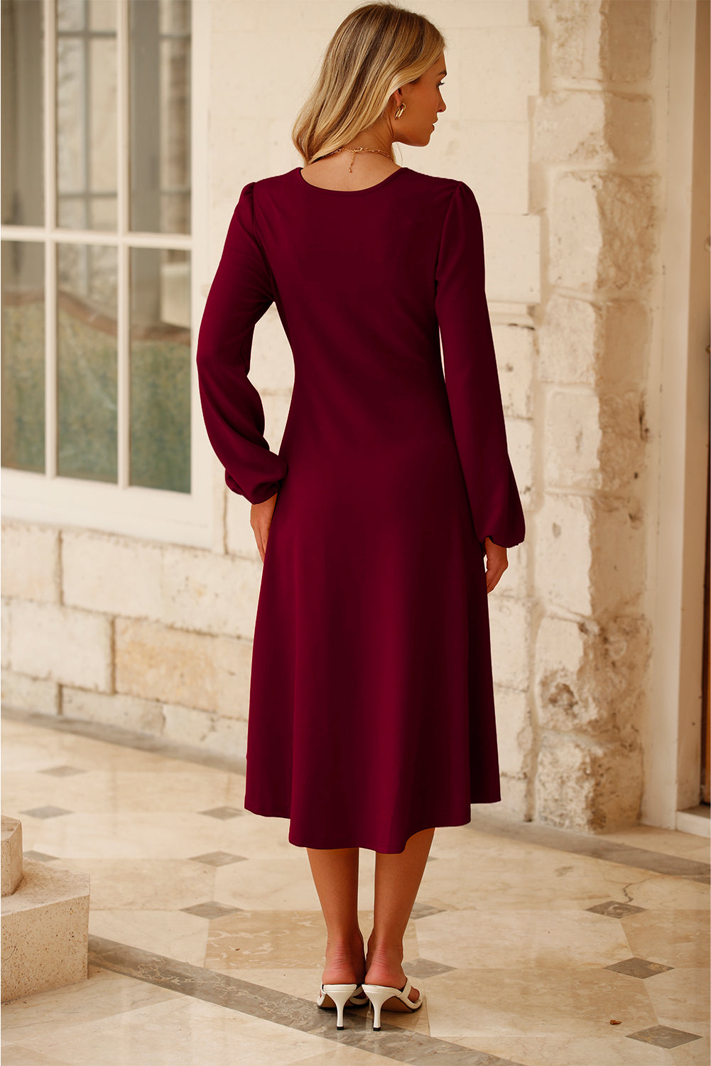 Burgundy Solid Color Ruched Detail Long Sleeve Midi Dress Dear-Lover Dropshipping