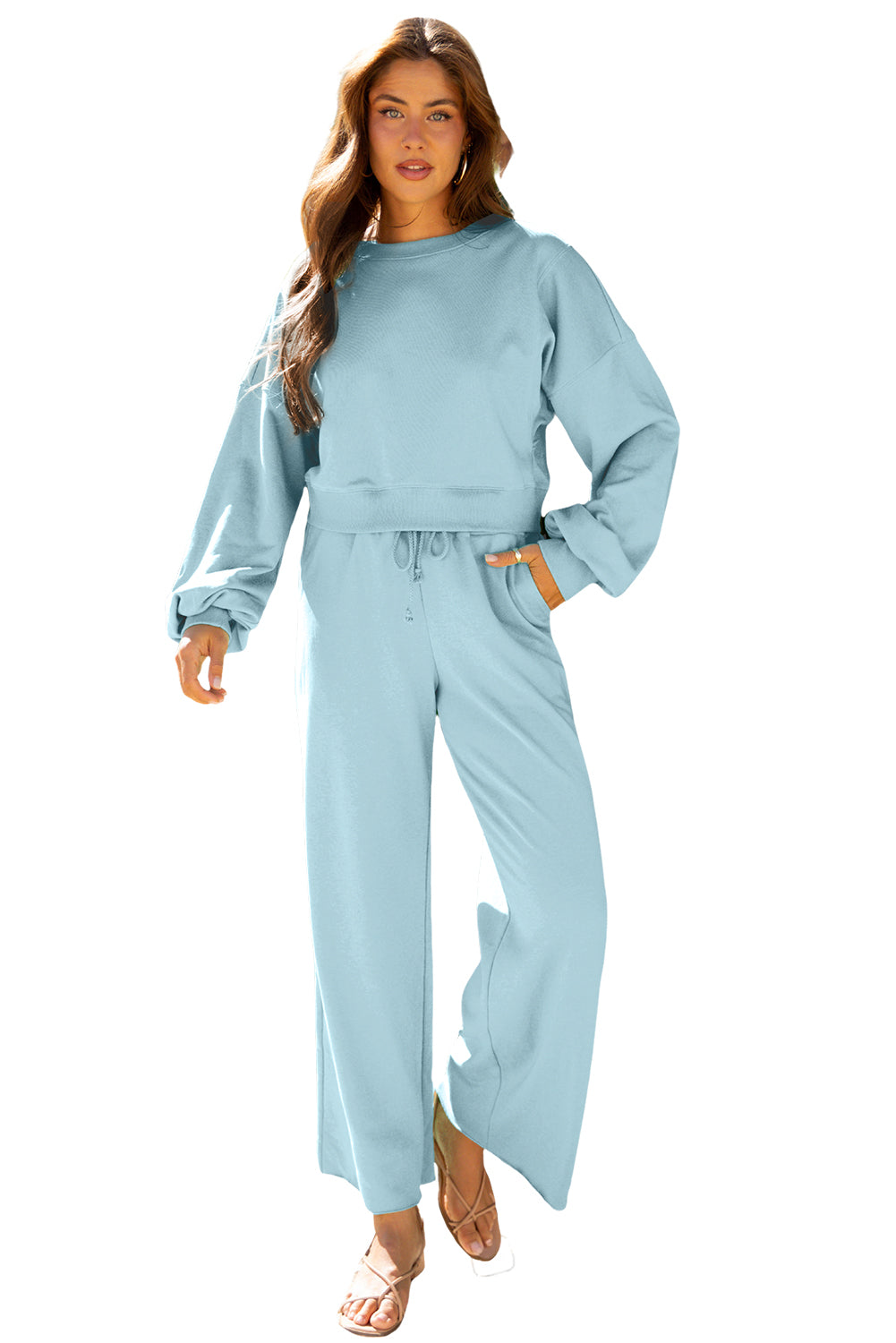 Drop Shoulder Puff Sleeve Crop Pullover and Drawstring Wide Leg Trousers Co-ord Set eAura
