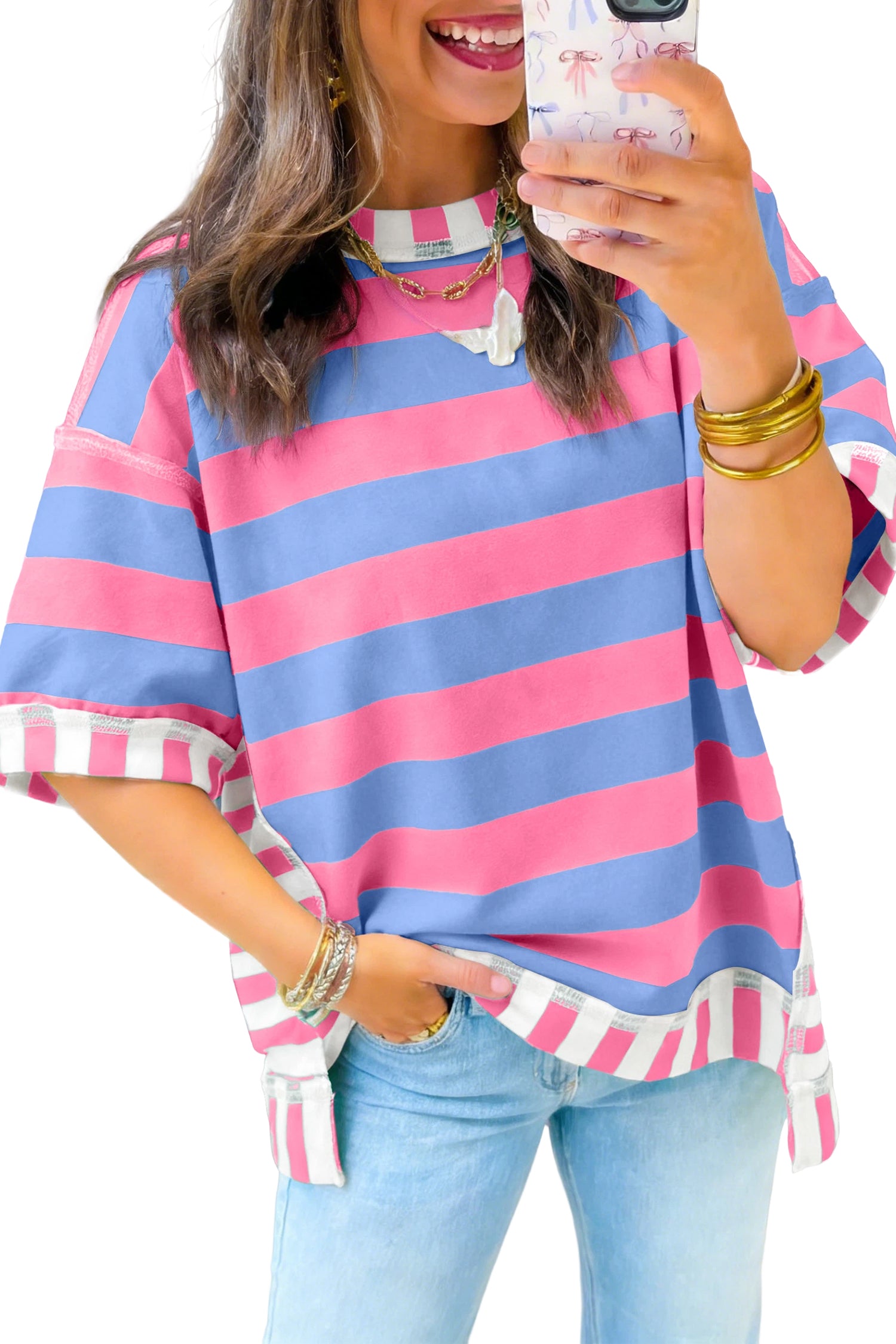 Exposed Seam Contrast Patchwork Oversized Top – Pink Stripe
