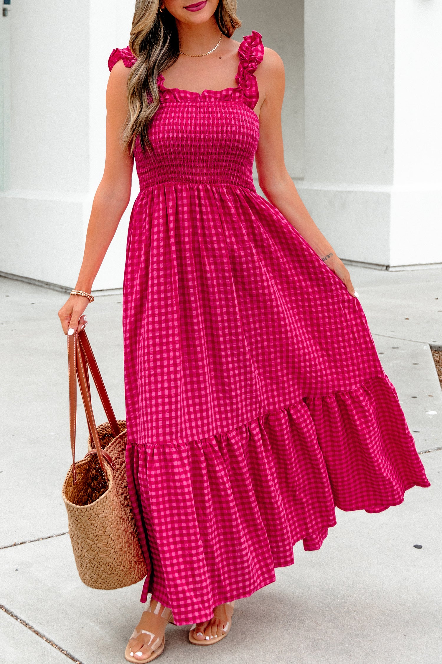 Red Plaid Square Neck Fit-and-Flared Vacation Sundress