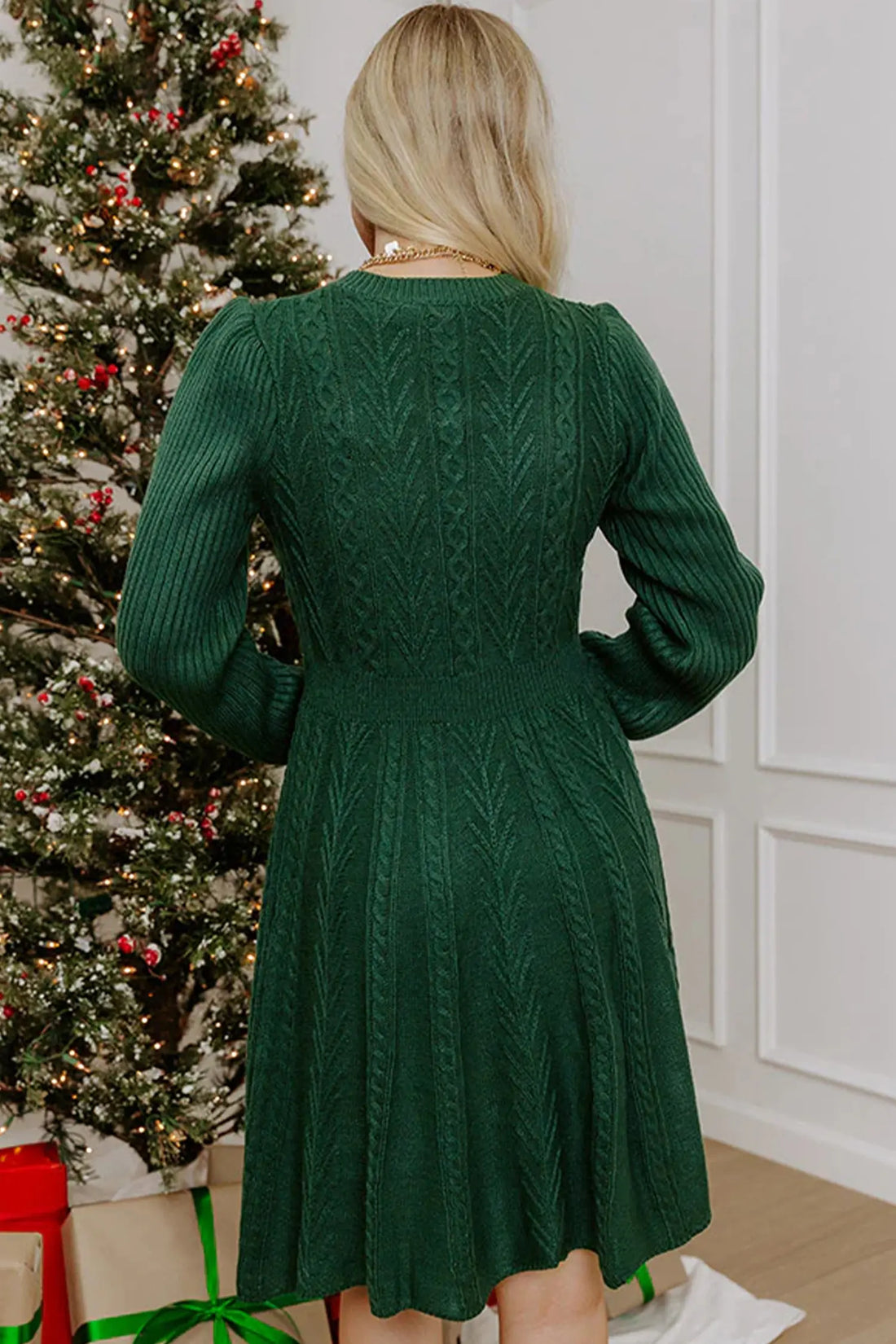 Ribbed Cable Knit Ribbon Knot Sweater Mini Dress