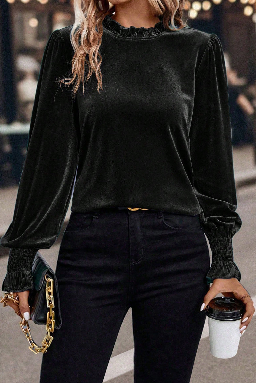 Frilled Collared Smocked Cuffs Puff Sleeve Velvet Blouse - Black / L - Tops/Blouses & Shirts