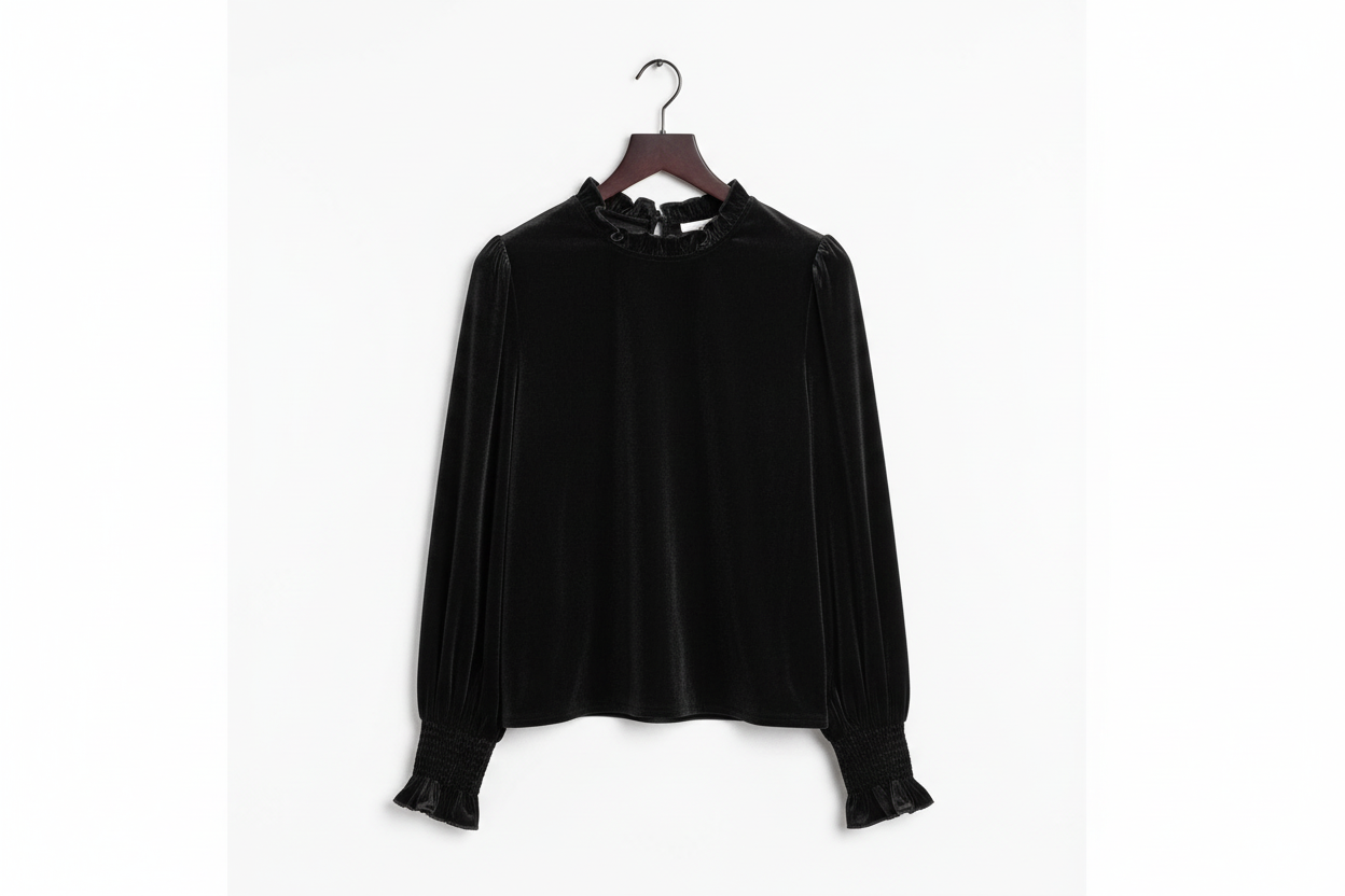 Frilled Collared Smocked Cuffs Puff Sleeve Velvet Blouse - Tops/Blouses & Shirts