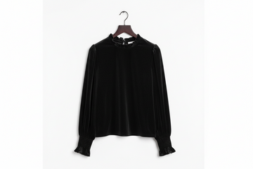 Frilled Collared Smocked Cuffs Puff Sleeve Velvet Blouse - Tops/Blouses & Shirts