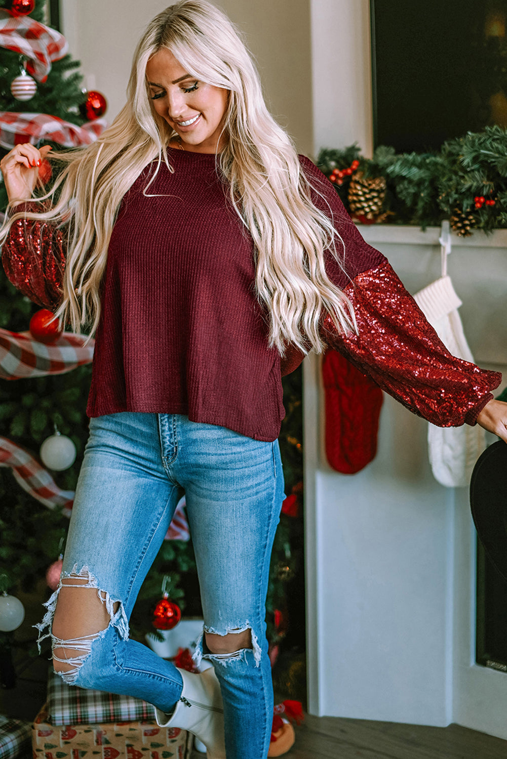 Black Sequin Patchwork Sleeve Open Back Waffle Knit Top eAura