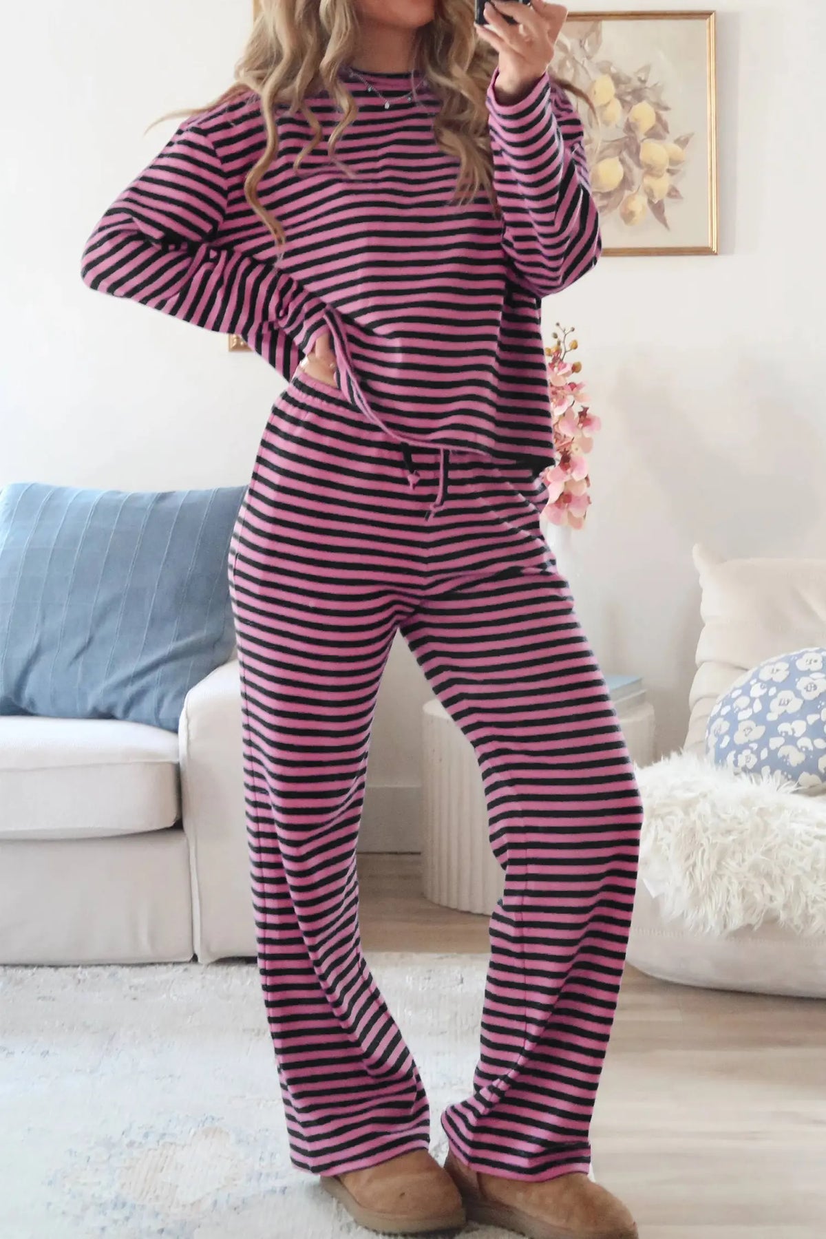 Casual Long Sleeve Top Drawstring Pant Set – Pink Stripe