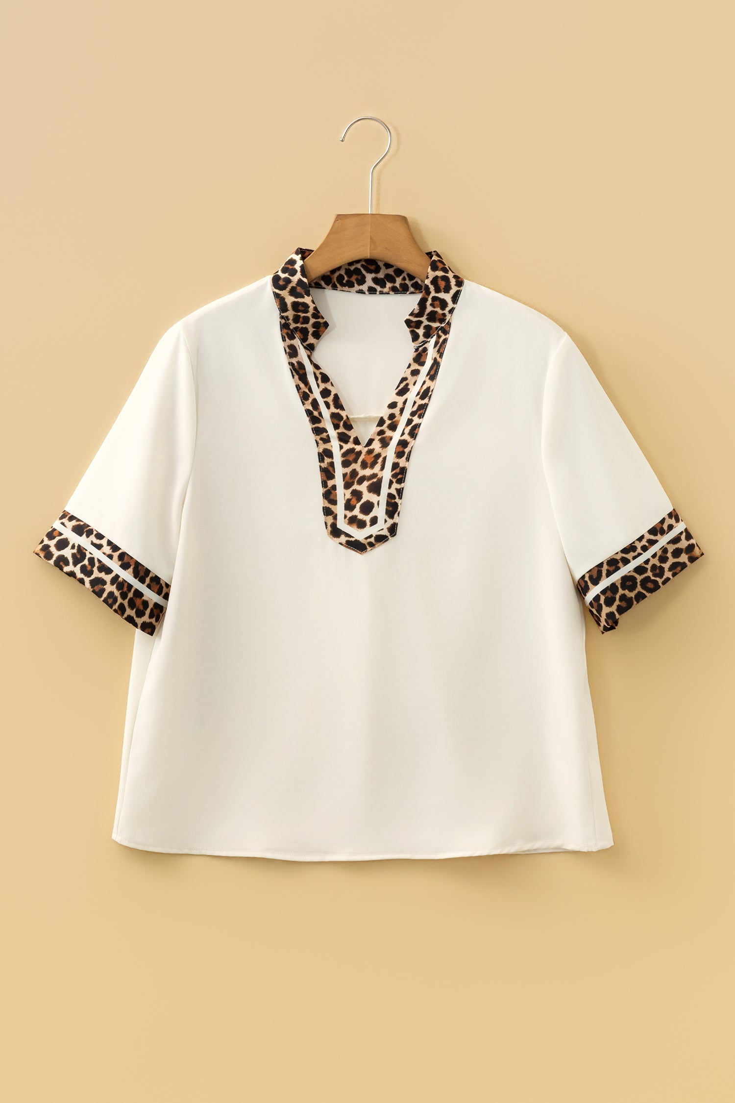 Leopard Patchwork Trim Split Neck Short Sleeve Blouse